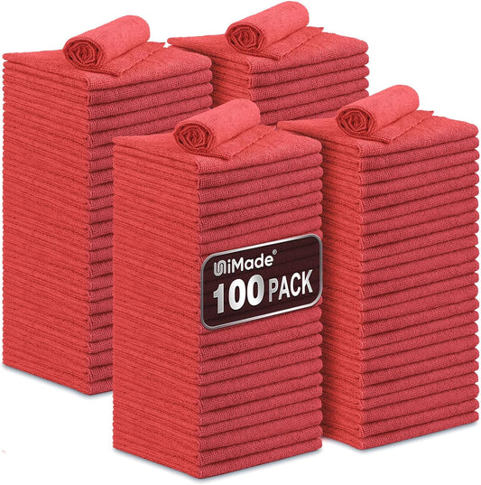 Shop Towels, 100 Pack Commercial Grade Work Rags Microfiber Towels for Cars Cleaning Rag Bulk Detailing Cloth for Automotive Bar Mechanic Restaurant Garage Housekeeping, 11.5"x 11.5", Red