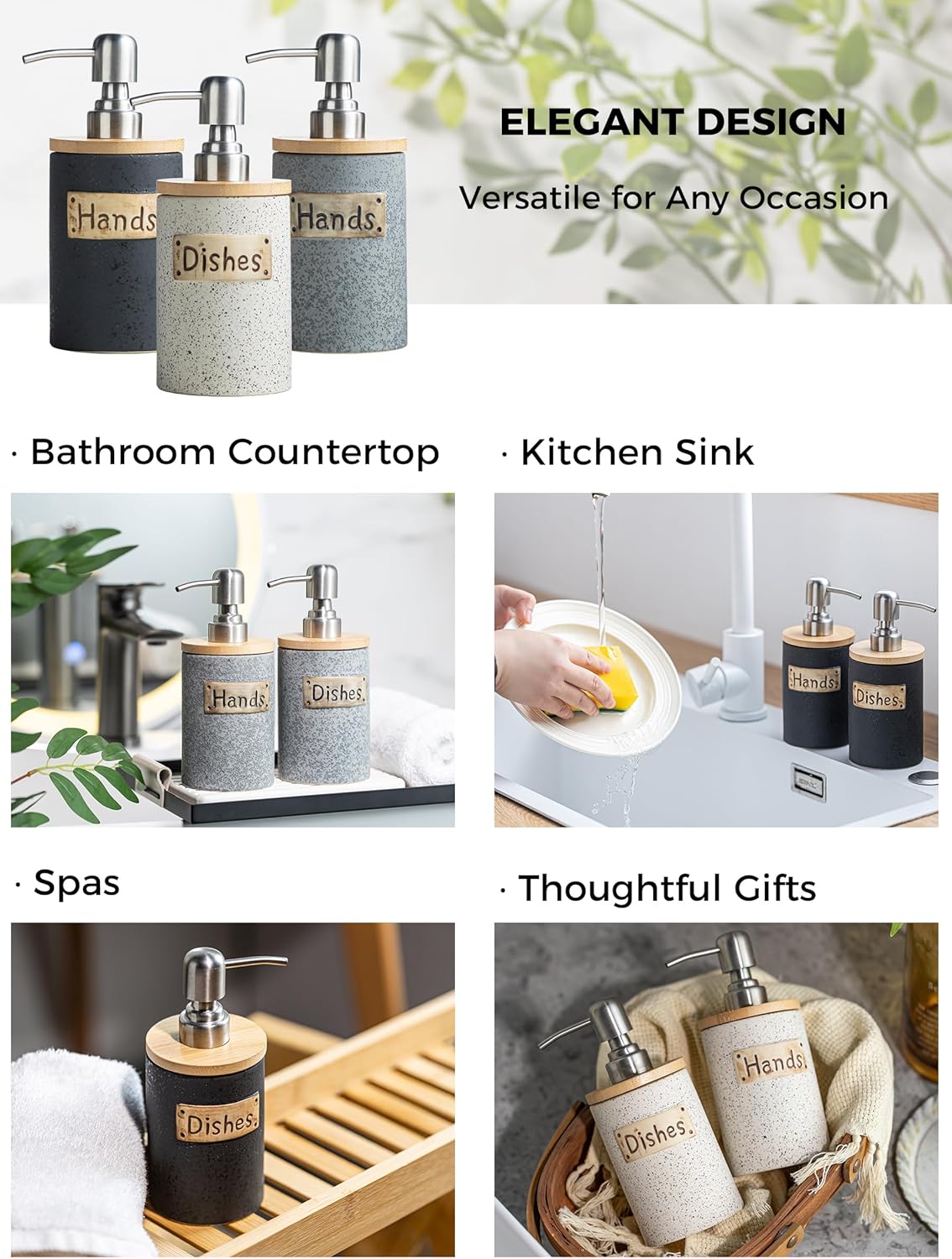 Kitchen Soap Dispenser Set, Ceramic Hand and Dish Soap Dispenser for Bathroom, Includes Instant Dry Tray, Collapsible Funnel, 15 Oz, Black