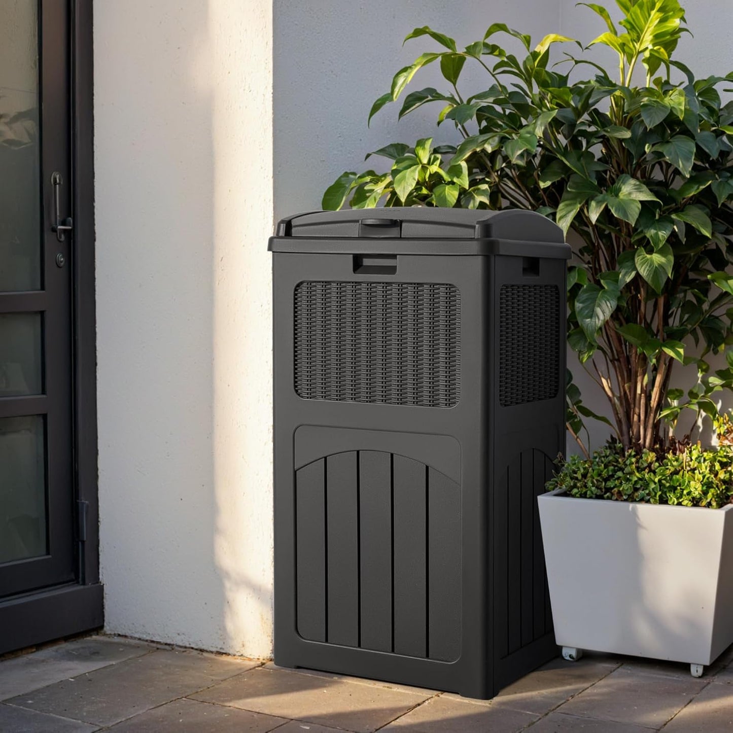 Devoko 33 Gallon Outdoor Trash Can, Hideaway Garbage Bins with Tiered Lid, Waterproof Resin Outside Waste Bins for Patio, Outside Pool, Backyard and Deck (1, Gray)
