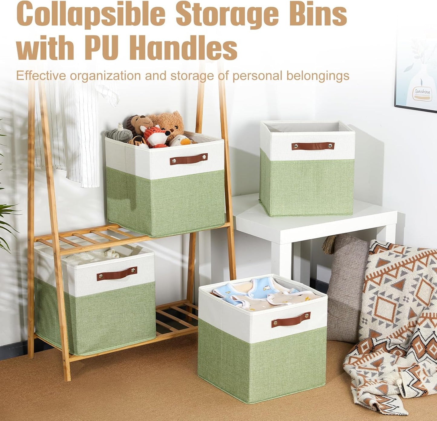 DULLEMELO Fabric Storage Cubes, 12x12 Storage Cube Bins for Organizing, Foldable Storage Baskets Square Cloth Bins for Cube Storage, Cube Organizer for Storage,White&Green