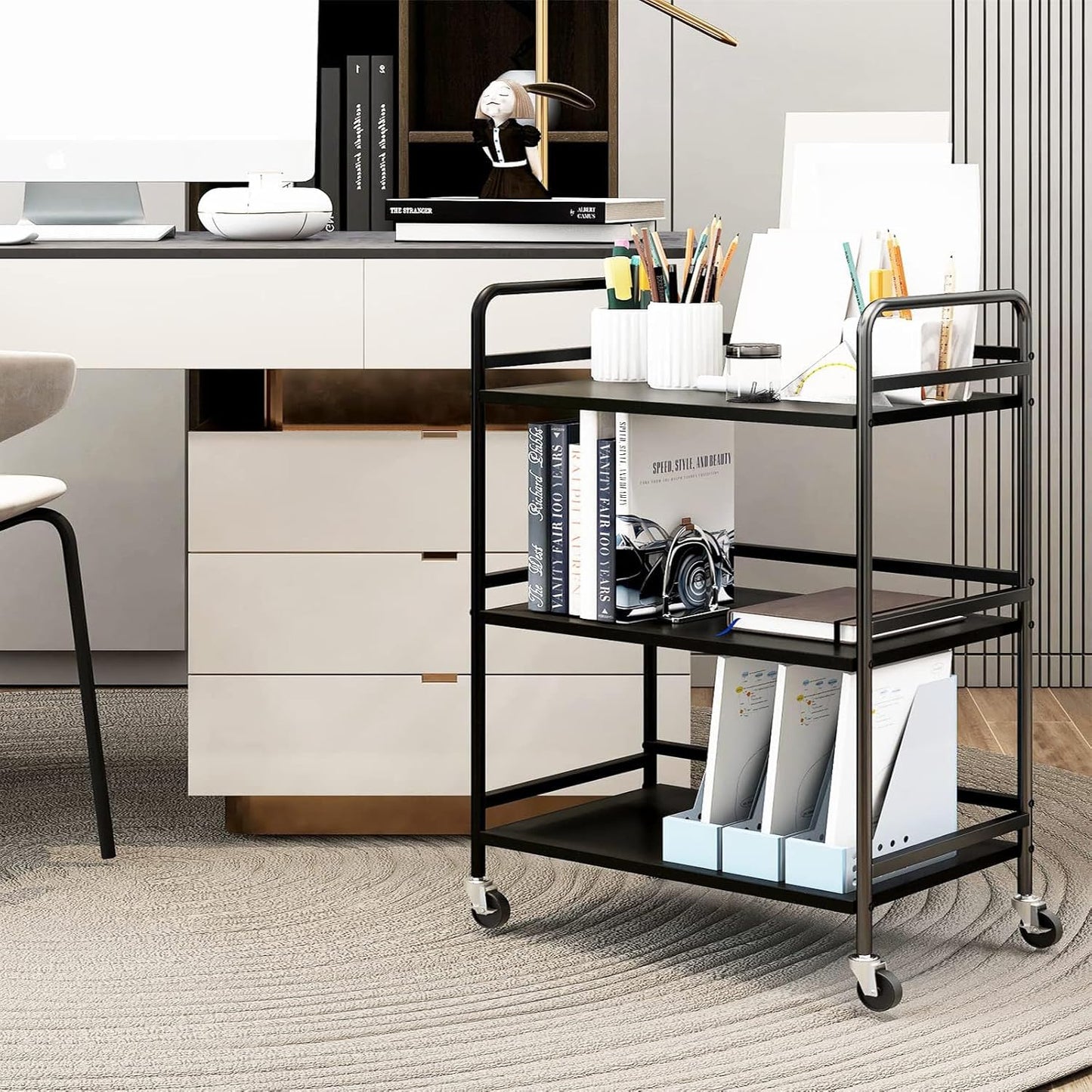 HDANI 3 Tier Metal Utility Multipurpose Rolling Cart,Large Capacity Heavy Duty Cart with Lockable Wheels Rolling Cart with 2 Lockable Wheels for Home,Office,Kitchen,Bathroom,Bedroom(Black)