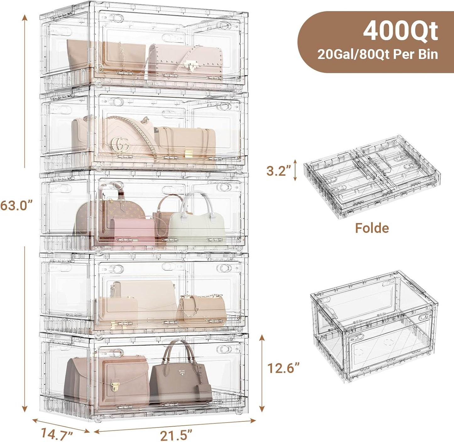 BROVIEW Clear Stackable Storage Bins Drawers, Open Front Large Plastic Storage Bins with Lids, Foldable Closet Organizers and Storage for Wardrobe Cabinets, Pantry, Makeup,5 Pack