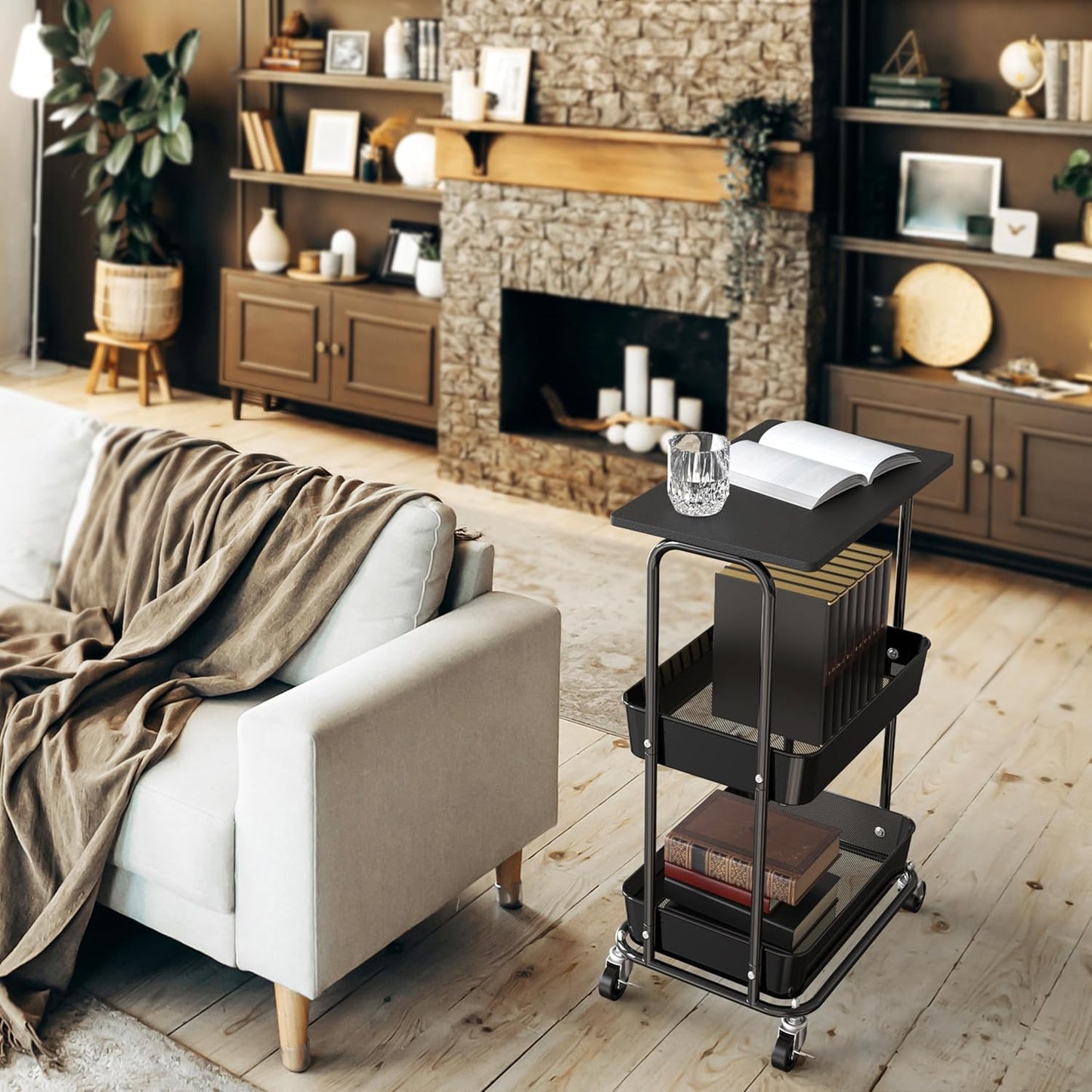 Simple Houseware 2-Tier Rolling Utility Cart with Lockable Wheels and Wood Top, Metal Storage Organizer Trolley for Kitchen, Bathroom, Office, Craft Room, Black