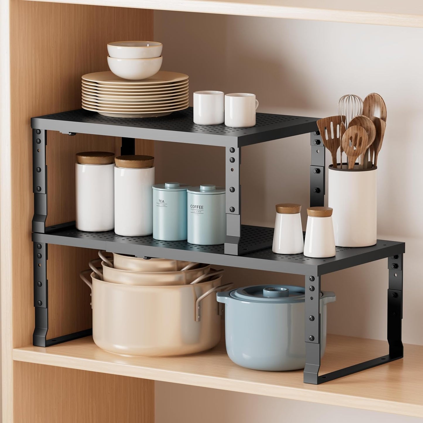 Metal Stackable Expandable Storage Shelf - Multi-Functional Home Storage Shelf, Suitable for Kitchen, Cabinet，Bathroom, Office, Garage, etc.（3PACKS/Black/Large