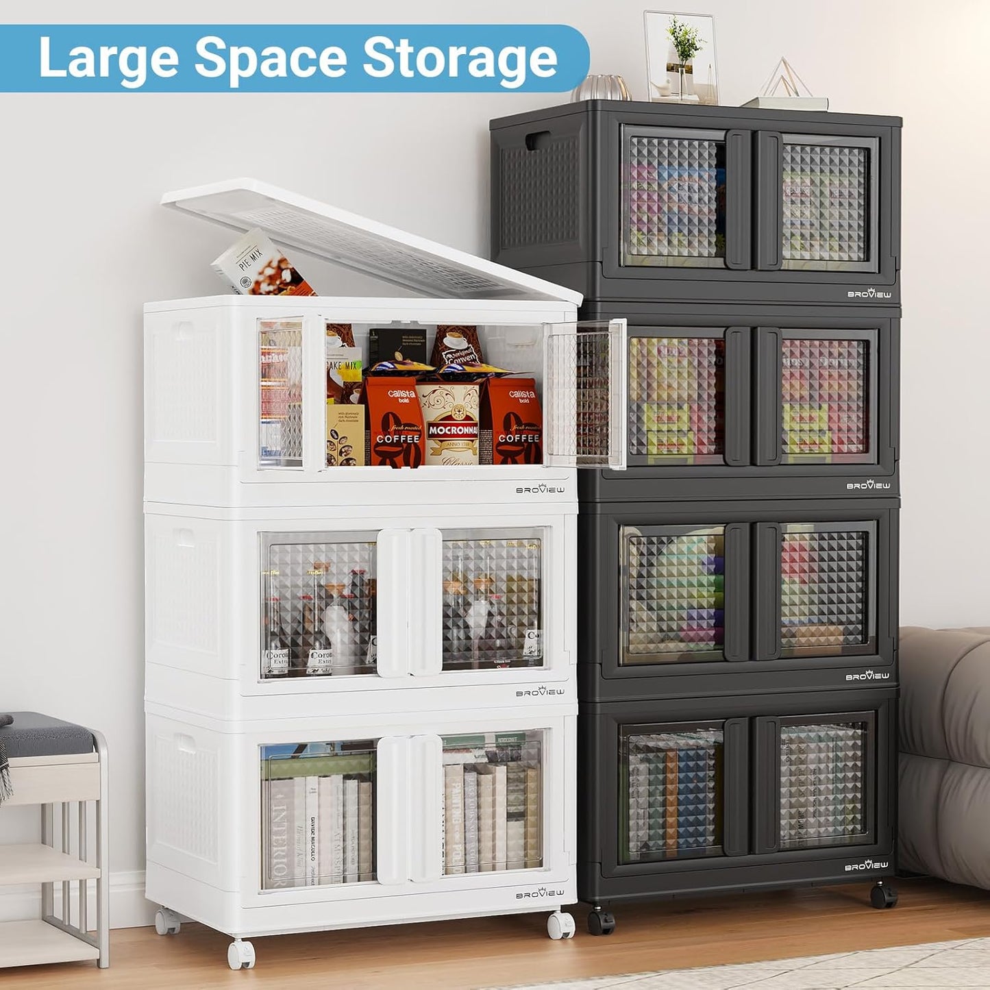 BROVIEW 400 Qt Stackable Storage Bins with Lids & Doors, 4 Pack Plastic Closet Organizer and Storages Drawers with Wheels, Large Collapsible Storages Boxes, Cabinet for Home, Office, V10, Black