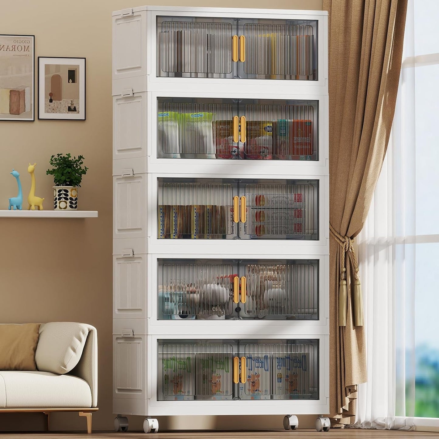 100Gal Stackable Plastic Storage Bins with Lids, Collapsible Closet Organizers and Storage with Wheels for Living Room,Office,Dorm 26.8" W x 14.4" D x 60" H, 5 Tier