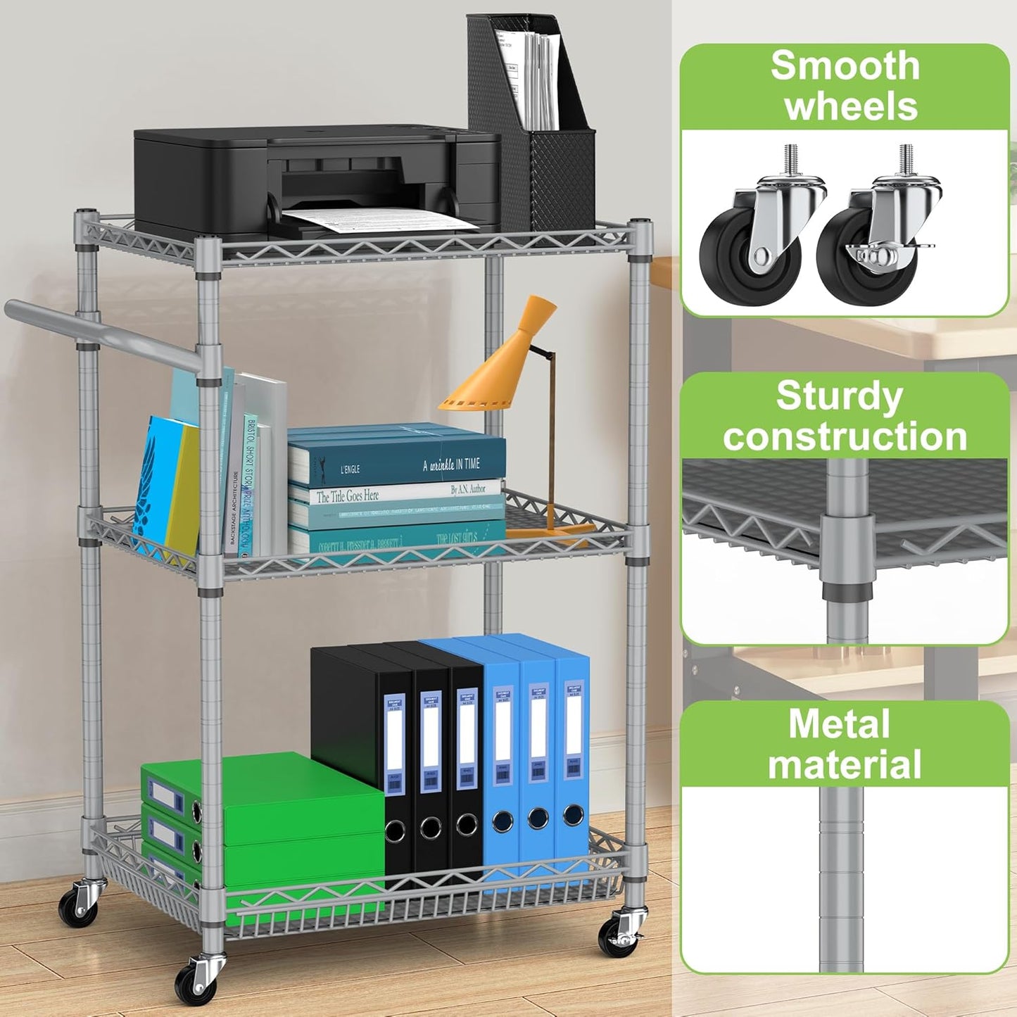 Metal Carts with Wheels,3 Tier Rolling Utility Carts with Storage, Steel Wire Service Cart with Handle Bar&Shelf Liner, Commercial Grade Kitchen Trolley for Indoor & Outdoor Use