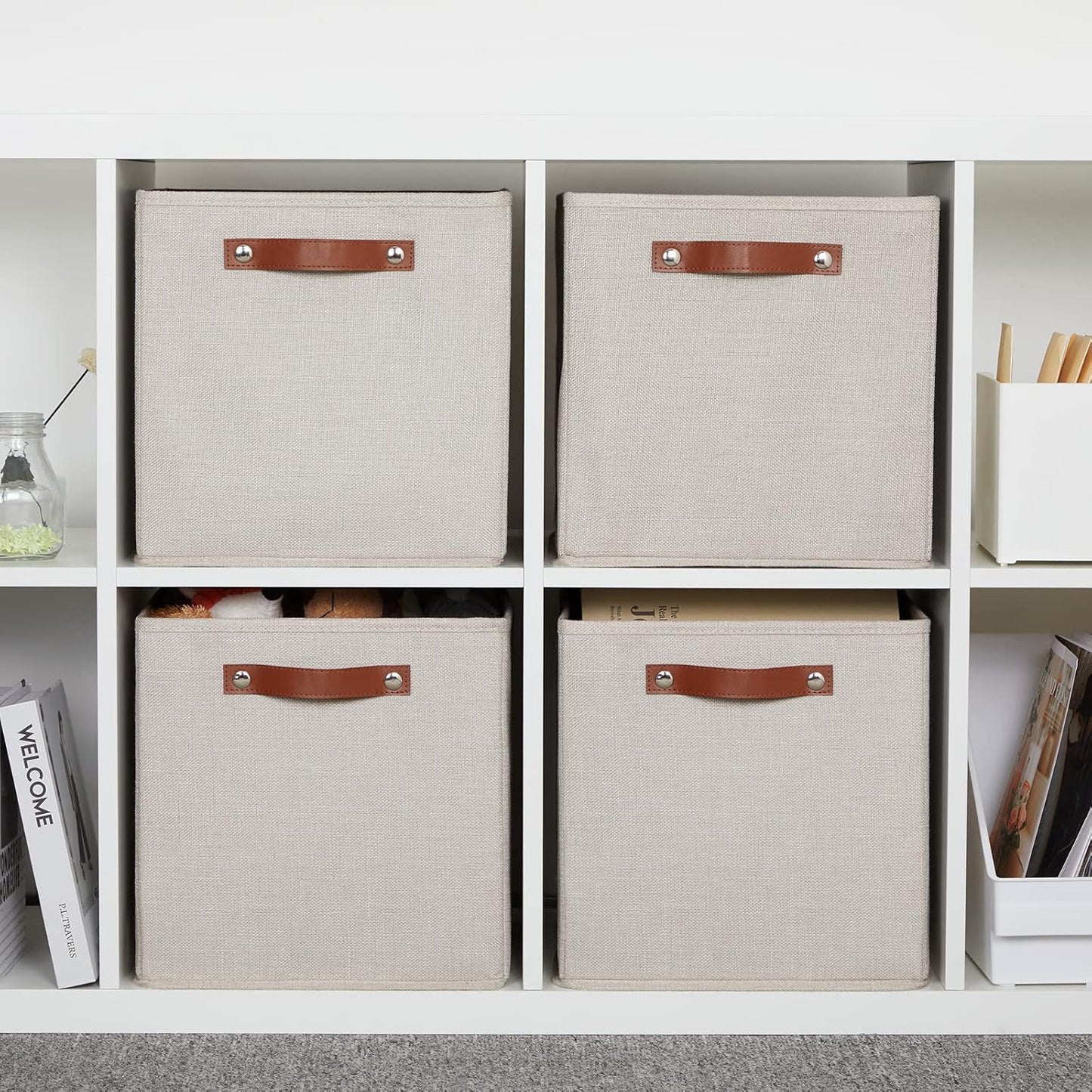DULLEMELO 12inch Cube Storage Baskets for Shelves Closet Storage,Sturdy Home Organization Bins for Gifts Empty,Foldable Fabric Storage Cubes Baskets for Nursery Toys Clothes Storage(Beige-4 Pack)