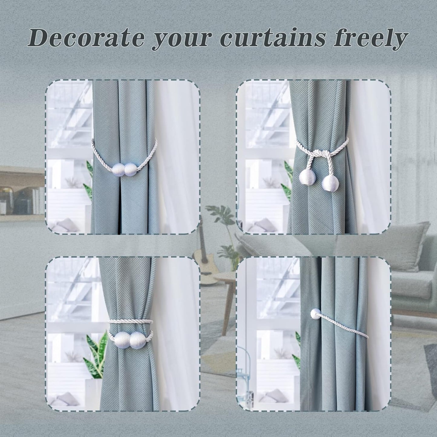 Hion Magnetic Curtain Tiebacks Gray Blue 2 Pack, Curtain Tiebacks Buckles Holdbacks Holders Hooks Clip for Home Bedroom Office Decorative Thick or Thin Curtain