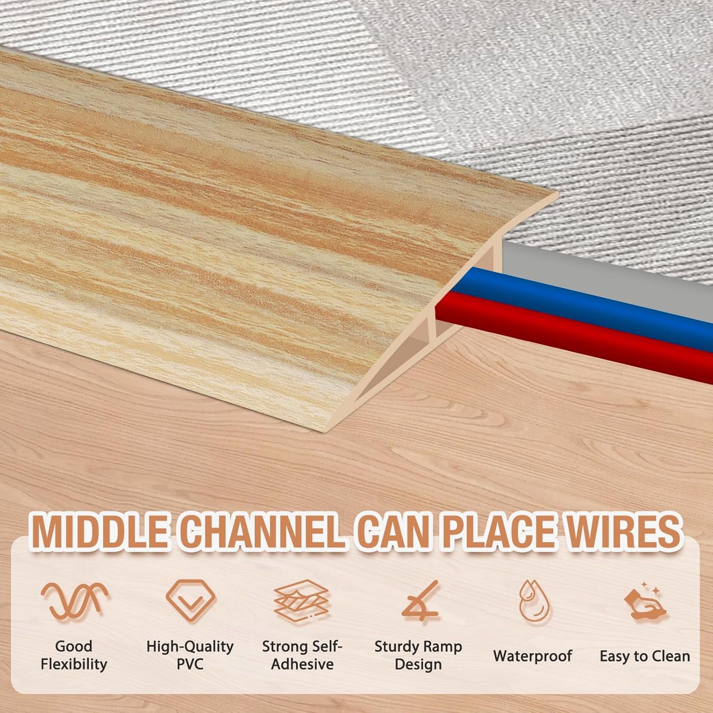 Floor Transition Strip Self Adhesive Vinyl Door Threshold for Doorways Carpet Edging Trim Overlap Edge Reducer for Laminate Floor, Carpet, Tile (Light Yellow Wood Grain, 1/5" to 2/5", 10Ft)