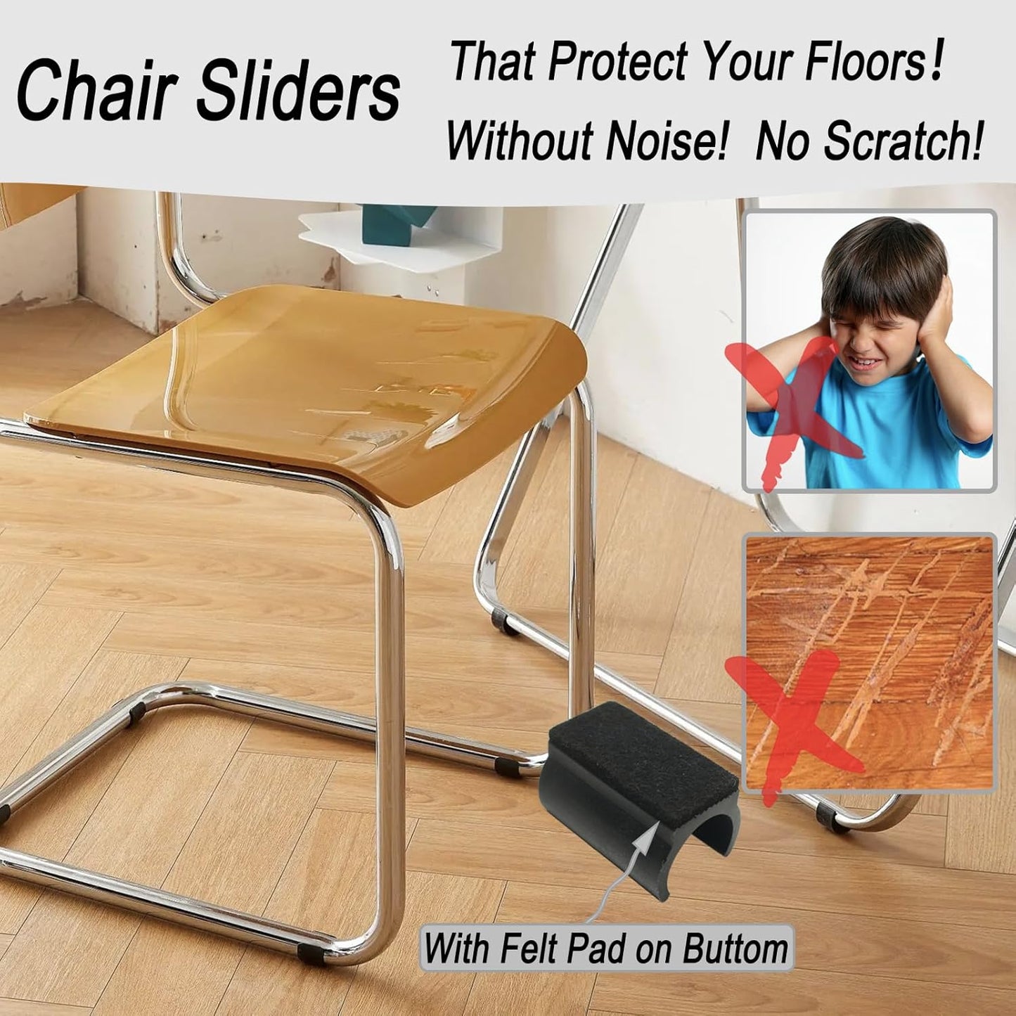 Rectangle U Shaped Chair Leg Tips Cap with Felt Pads,Furniture Feet Protectors Slide Smoothly Glides,Protect Hardwood Floor No Scratches No Noise,Fit 25mm(1 inch) Diameter Tubular Legs (Black 8PCS)