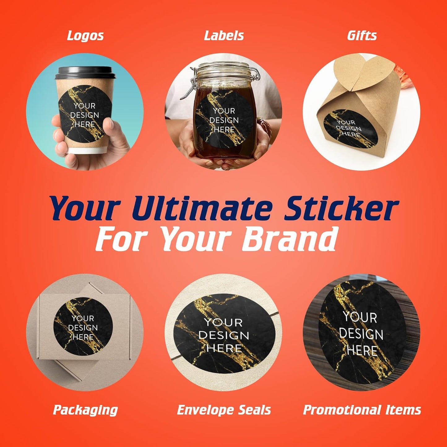 100 Custom Vinyl Stickers - Upload Your own Image, Text, Design, Logo - Personalized Logo Labels for Handmade, Packaging, Bottle, Jars, Candle, Brand Stickers (Black Gold Marble, 6x6)