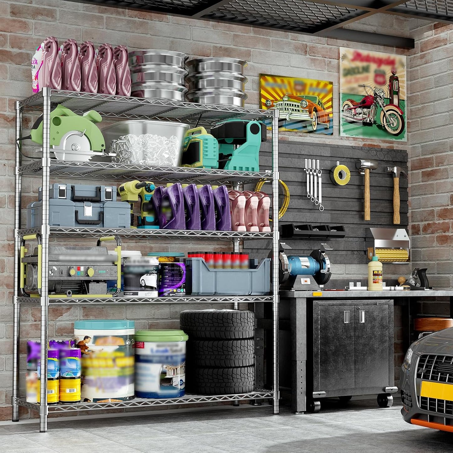 Storage Shelves, 48" L x 20" W x 72" H Heavy Duty Garage Wire Shelving Unit Loads 2000LBS, 5-Tier Adjustable Metal Industrial Utility Shelf Rack for Kitchen, Laundry Room, Basement