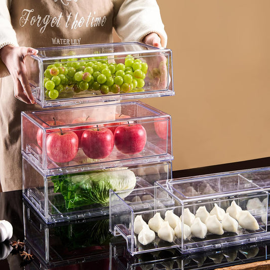 PeJeyiee 4 Pack Clear Stackable Refrigerator Organizers and Storage Drawers - Pull-Out Fridge Bins with Anti-Slip Base & Easy Clean, Plastic Organizers for Kitchen Pantry Cabinet Closet (Large)