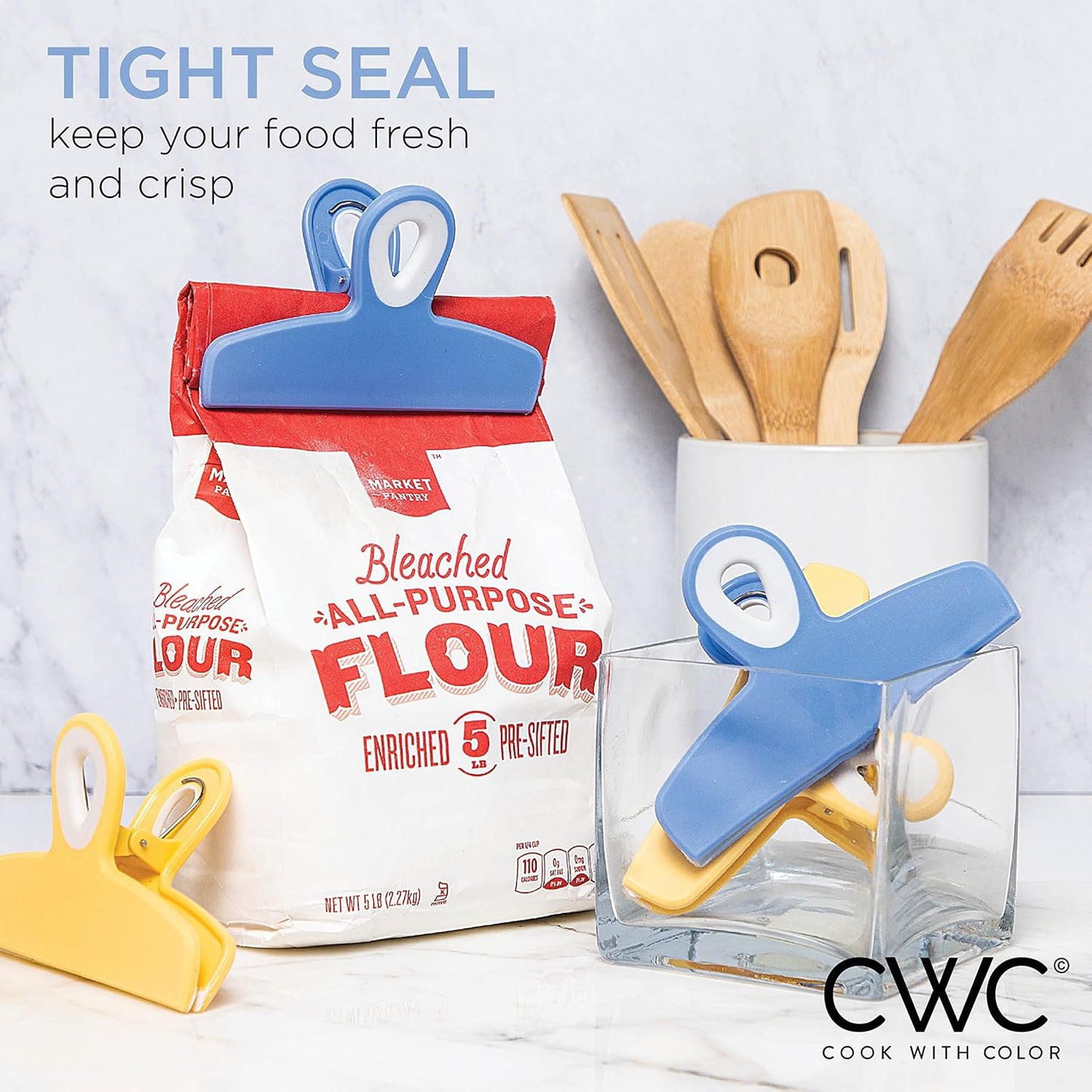 COOK WITH COLOR Bag Clips - Heavy Duty Chip Clip and Refrigerator Magnet Clips for Food Storage with Air Tight Seal Grip, Yellow and Blue, Pack of 4 Large Clips