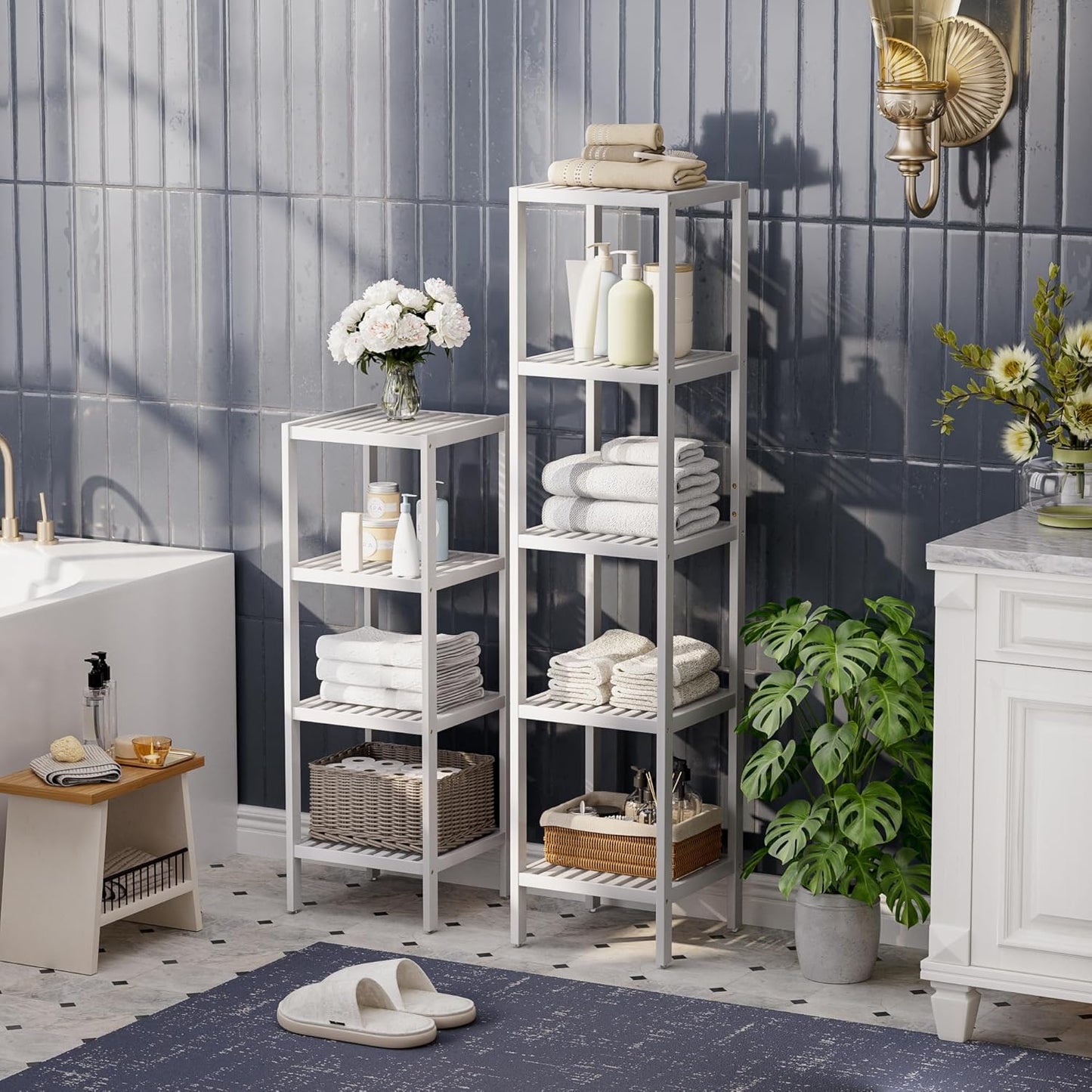 SMIBUY Bathroom Storage Shelf, 5-Tier Bamboo Rack Organizer, Multifunctional Shelving Unit for Living Room Bedroom Kitchen (White)