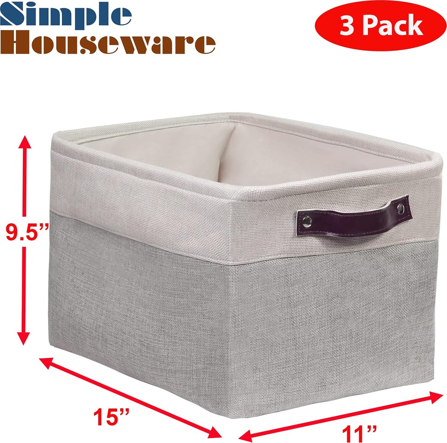 SIMPLE HOUSEWARE Large Fabric Storage Bin, 15" x 11" with Leather Like Handles, 3 Pack, Gray