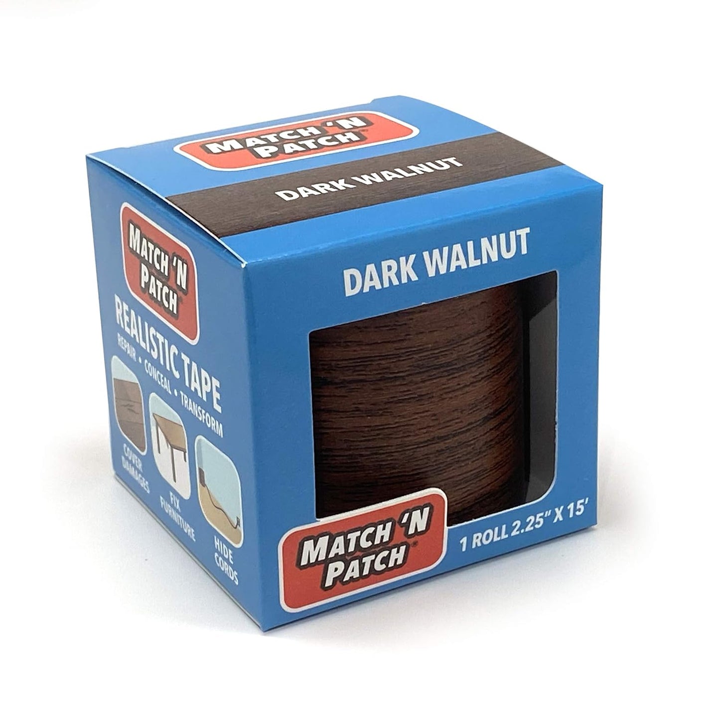 MATCH 'N PATCH Realistic Wood Grain Repair Tape - Durable Multi-Use Adhesive Tape for Furniture, Floors, Cabinets, Windows, Doors, RV, Home Decor & DIY Projects - Dark Walnut, 2.25 in x 15 feet