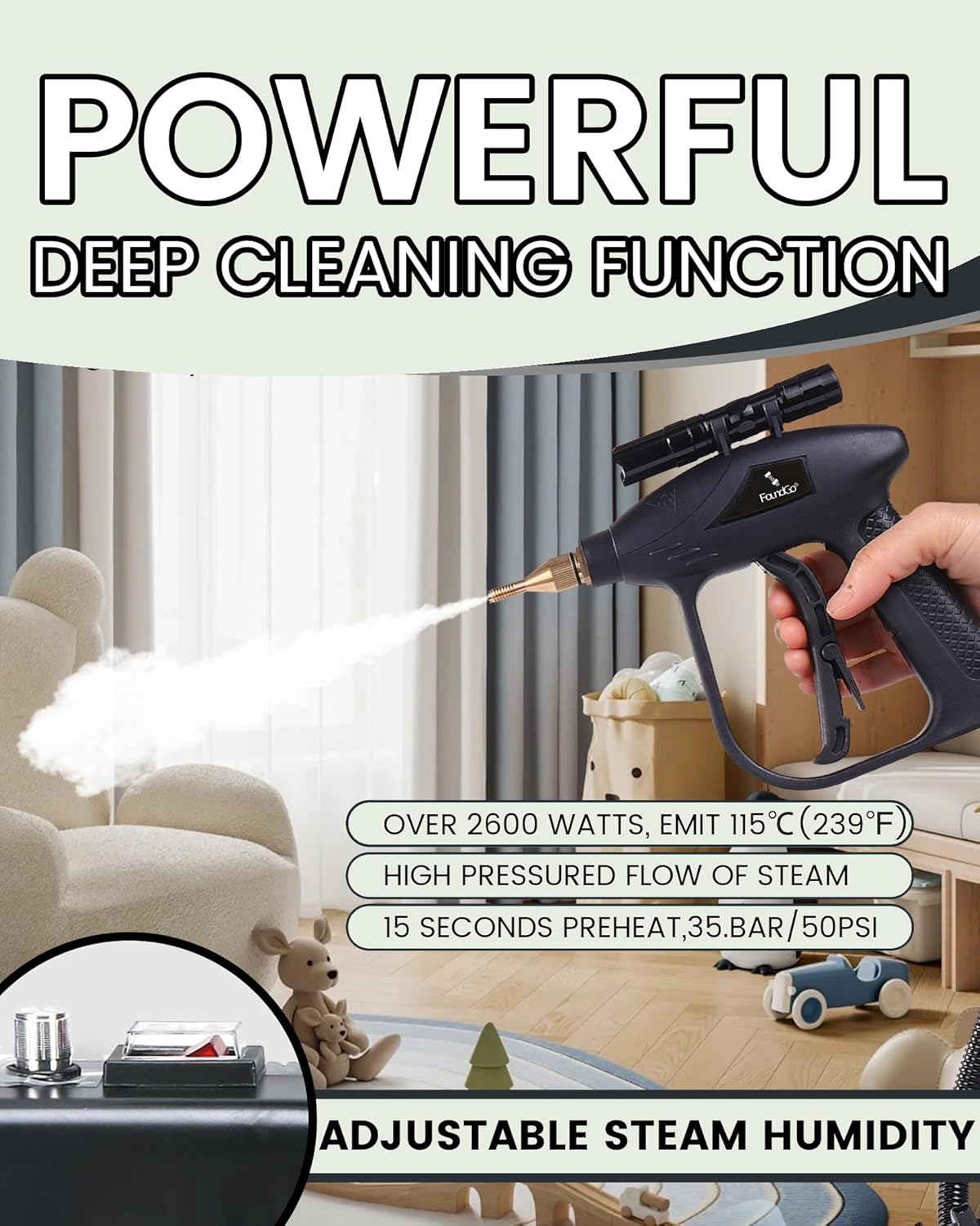 FoundGo 1700W Tankless Handheld Steam Cleaner with 7 Brushes 20s Heating to 239℉ Pressurized Portable Steam Cleaner, Cleaning Home/Kitchen/Car & More-Black