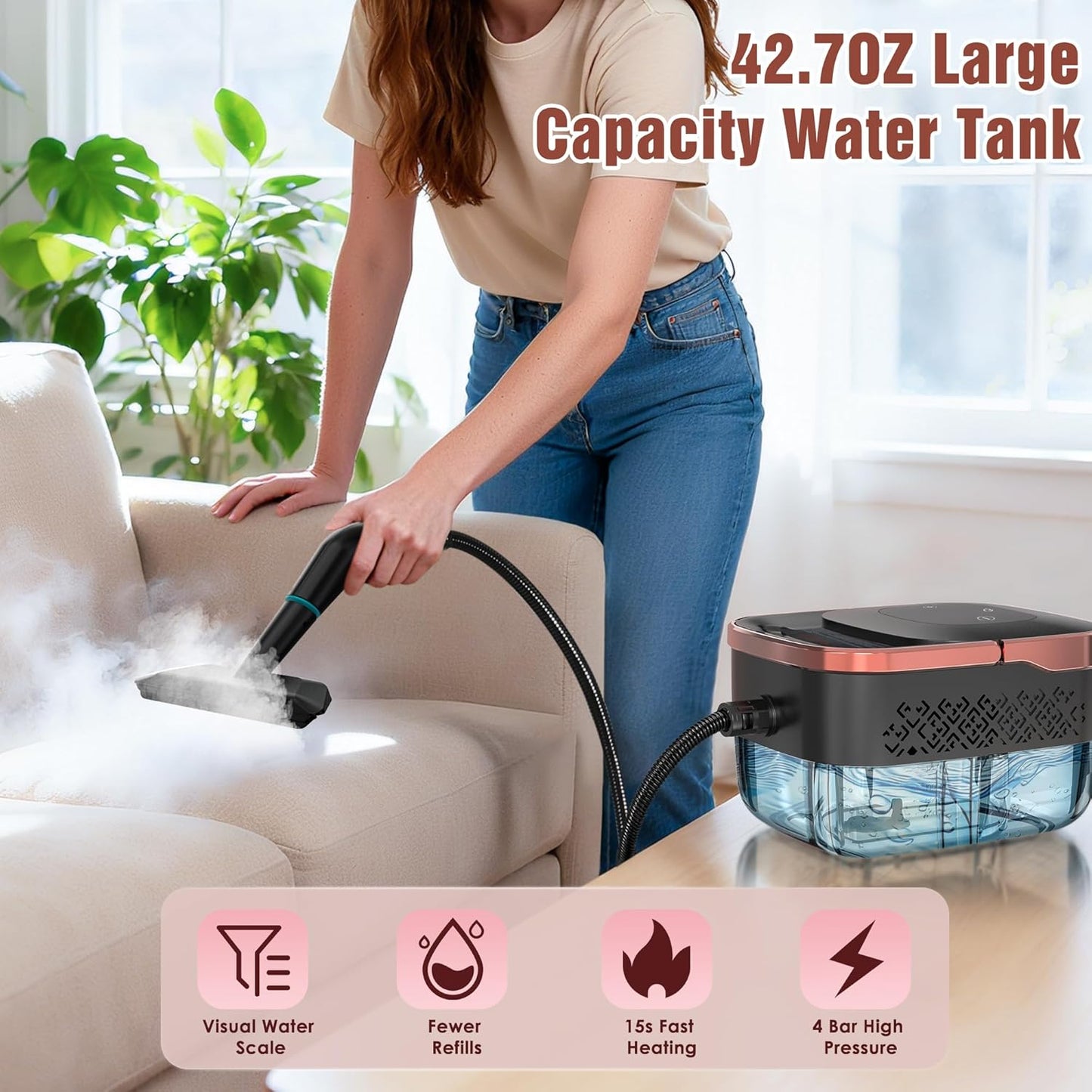 Steam Cleaner, 4 Bar High Pressure Steamer with 6-Level Adjustable, 15s Heat-Up, 42.7oz Large Tank, 7ft Extended Hose, 18 pcs Accessories, Portable Steam Cleaner for Home, Car, Tile, Grout, Grease