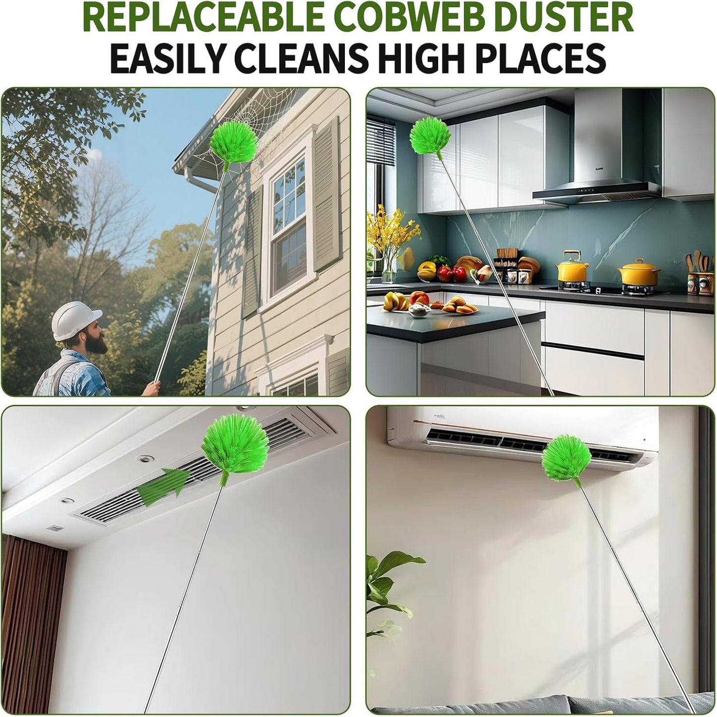 Cobweb Duster with Extension Pole, Washable Cleaning Duster Set with 2 Duster Heads, Corner Brush, 15-110-Inch Telescoping Pole for high Ceiling Fans, Long Duster for high Ceilings，Reach Duster