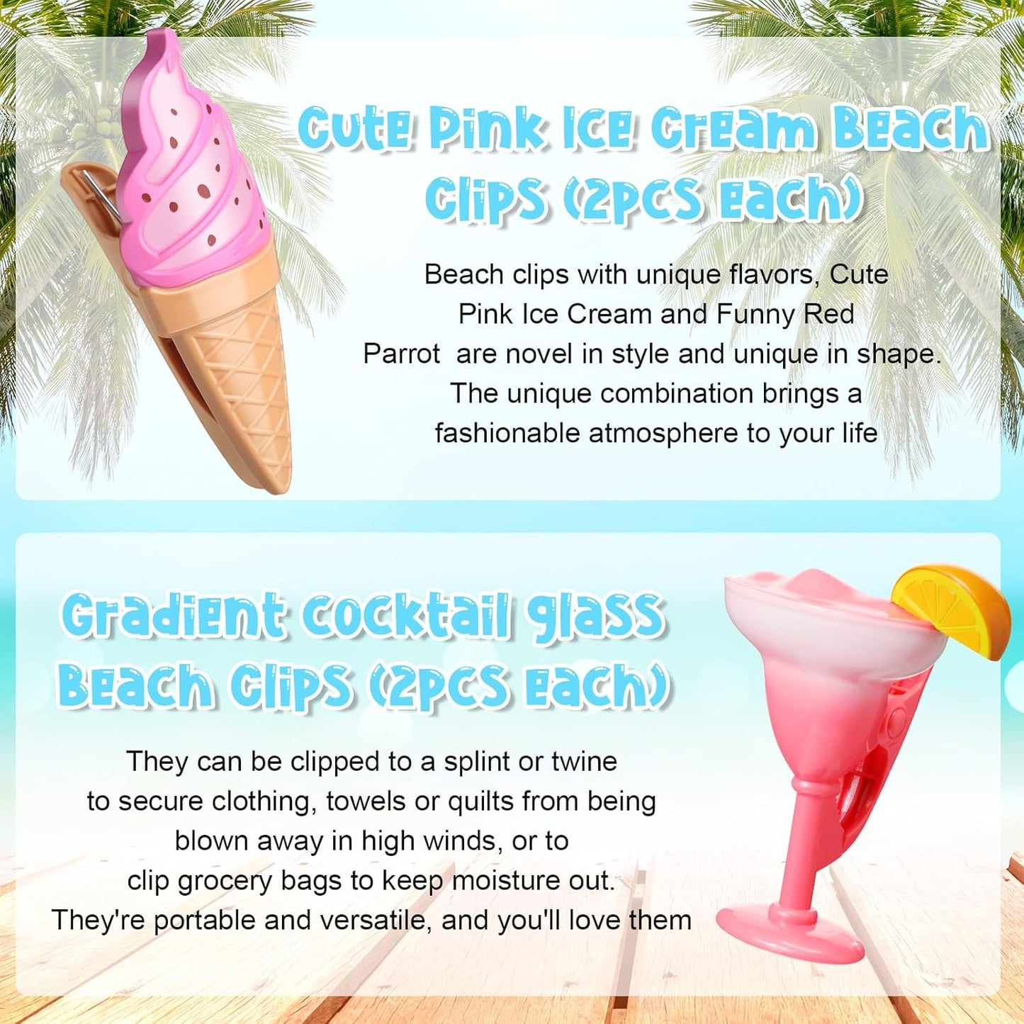 Sieral 8 Pcs Beach Towel Clips Beach Chair Pool Clips for Chairs Plastic Windproof Holder Funny Decorative Clothespins for Patio Accessories Summer, 4 Styles(Stylish Style)