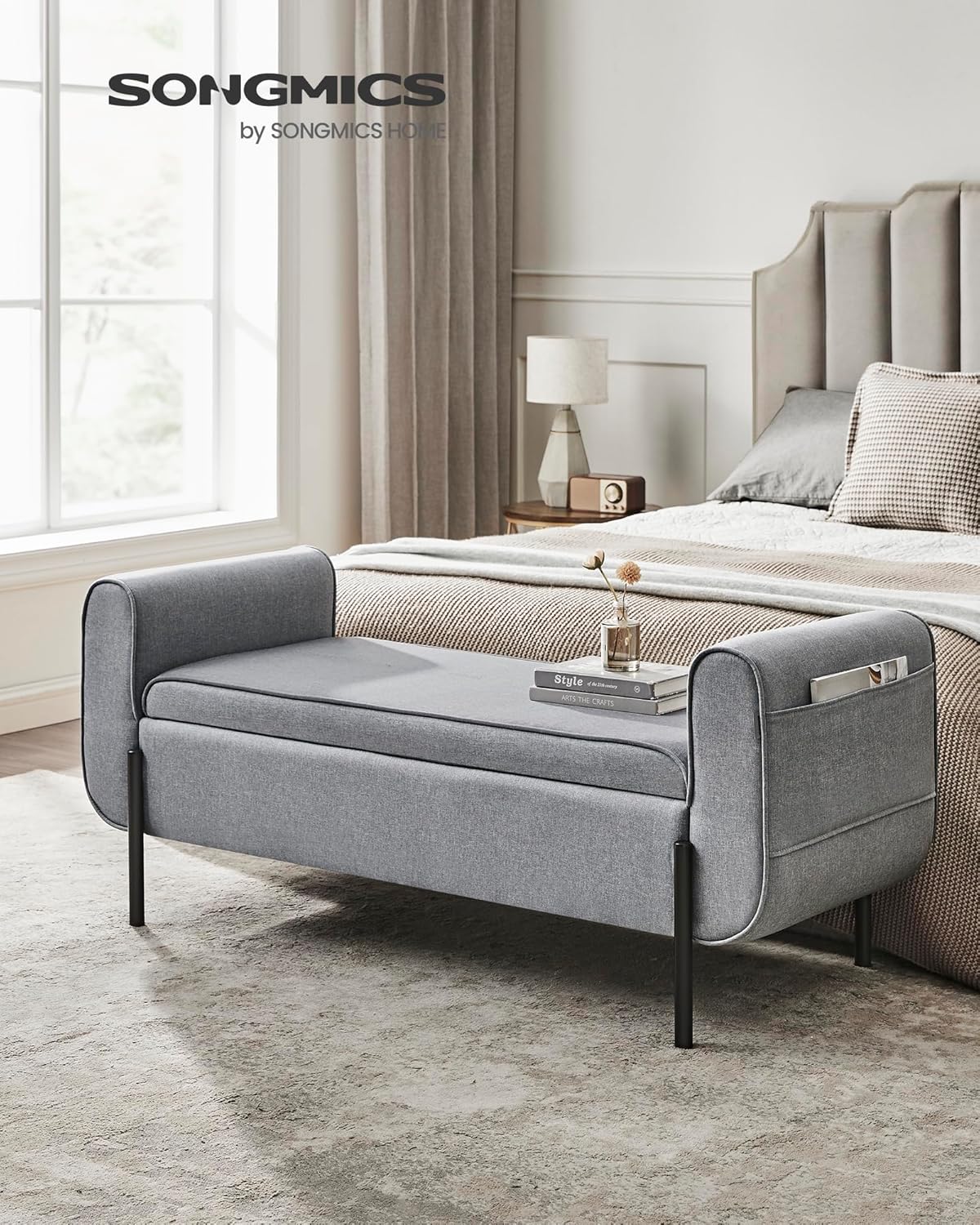 SONGMICS Storage Bench with Armrests, Ottoman for Living Room, Bedroom, Entryway, Steel Legs, Light Gray ULOM072G02