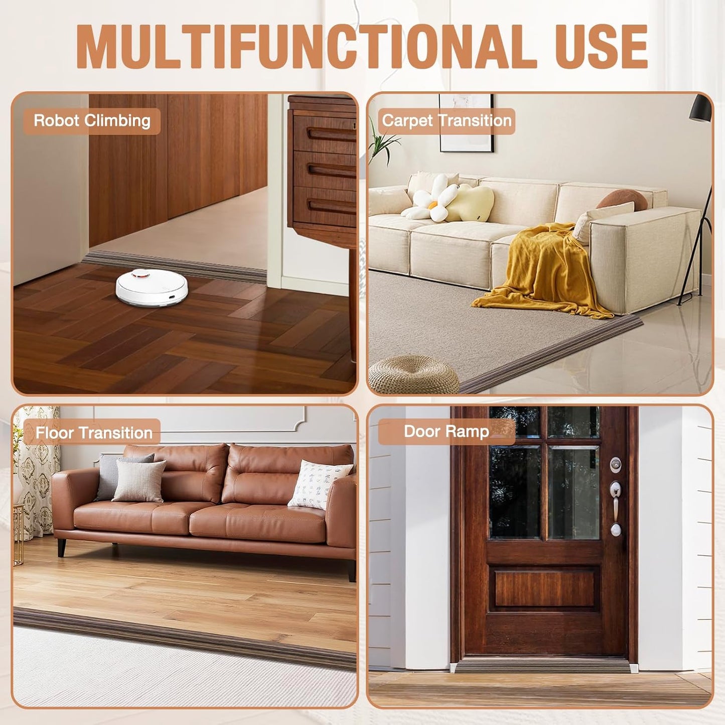 Floor Transition Strip Self Adhesive Vinyl Door Threshold for Doorways Carpet Edging Trim Overlap Edge Reducer for Laminate Floor, Carpet, Tile (Smoked Brown Wood Grain, 2/5" to 3/5", 3.3Ft)