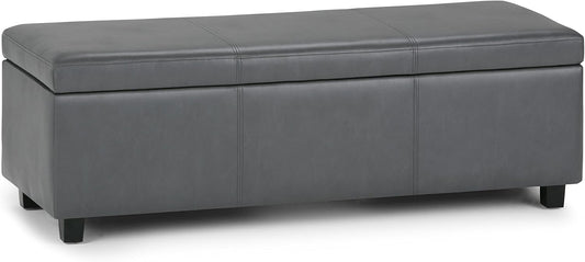 SIMPLIHOME Avalon 48 inch Wide Contemporary Rectangle Storage Ottoman Bench in Stone Grey Vegan Faux Leather, Assembled, For the Living Room, Entryway and Family Room