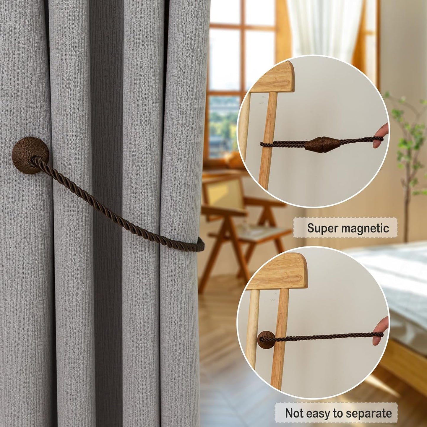 Magnetic Curtain Tiebacks 4 Pack Outdoor Rope Curtain Tie Backs Decorative Window Treatment Holdbacks for Home Decorative Curtain, Coffee