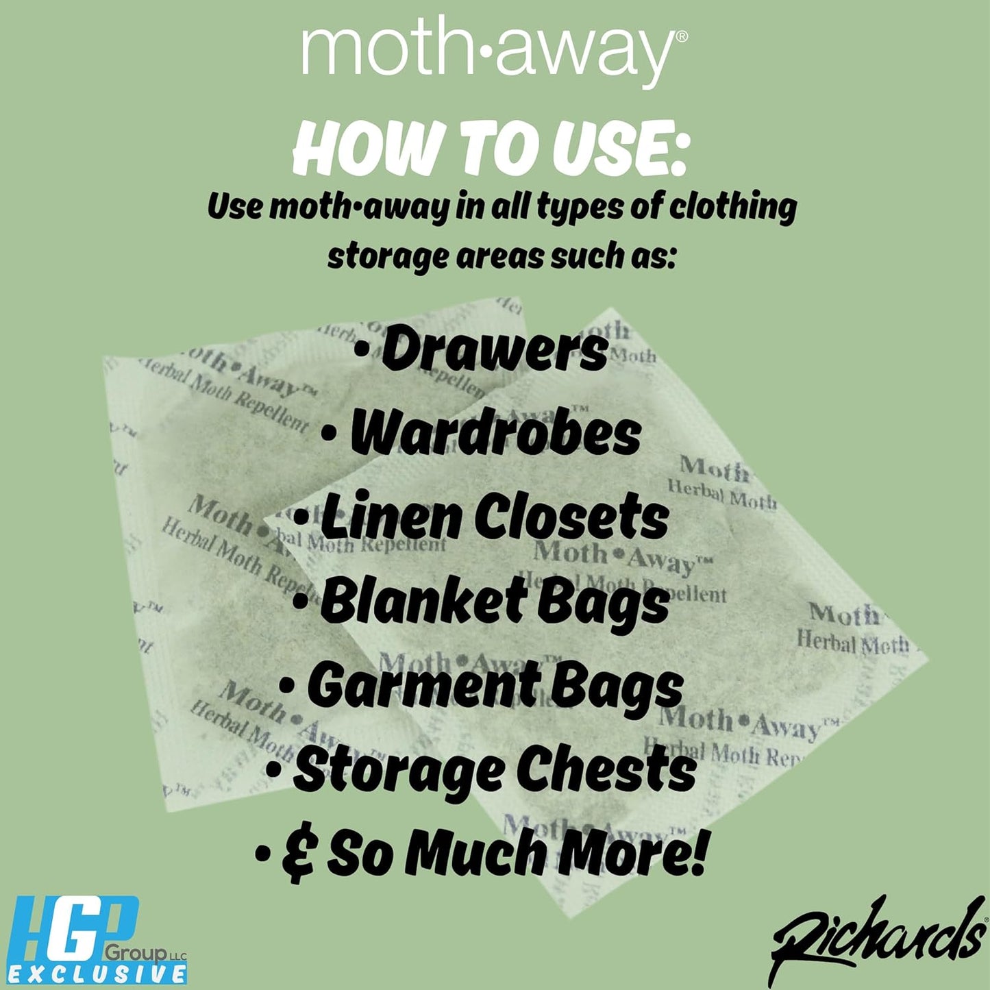 Richards Homewares Moth Away Sachets – 24-Pack Natural Herbal Moth Repellent, Non-Toxic & Chemical-Free, Fresh Scent for Drawers, Closets & Storage Bins – Made in USA