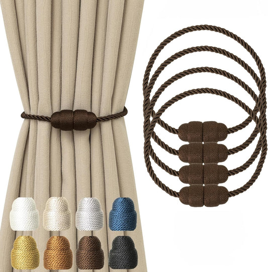Magnetic Curtain Tiebacks Rope Tie Backs 4 Pack Decorative Window Holdbacks, Coffee