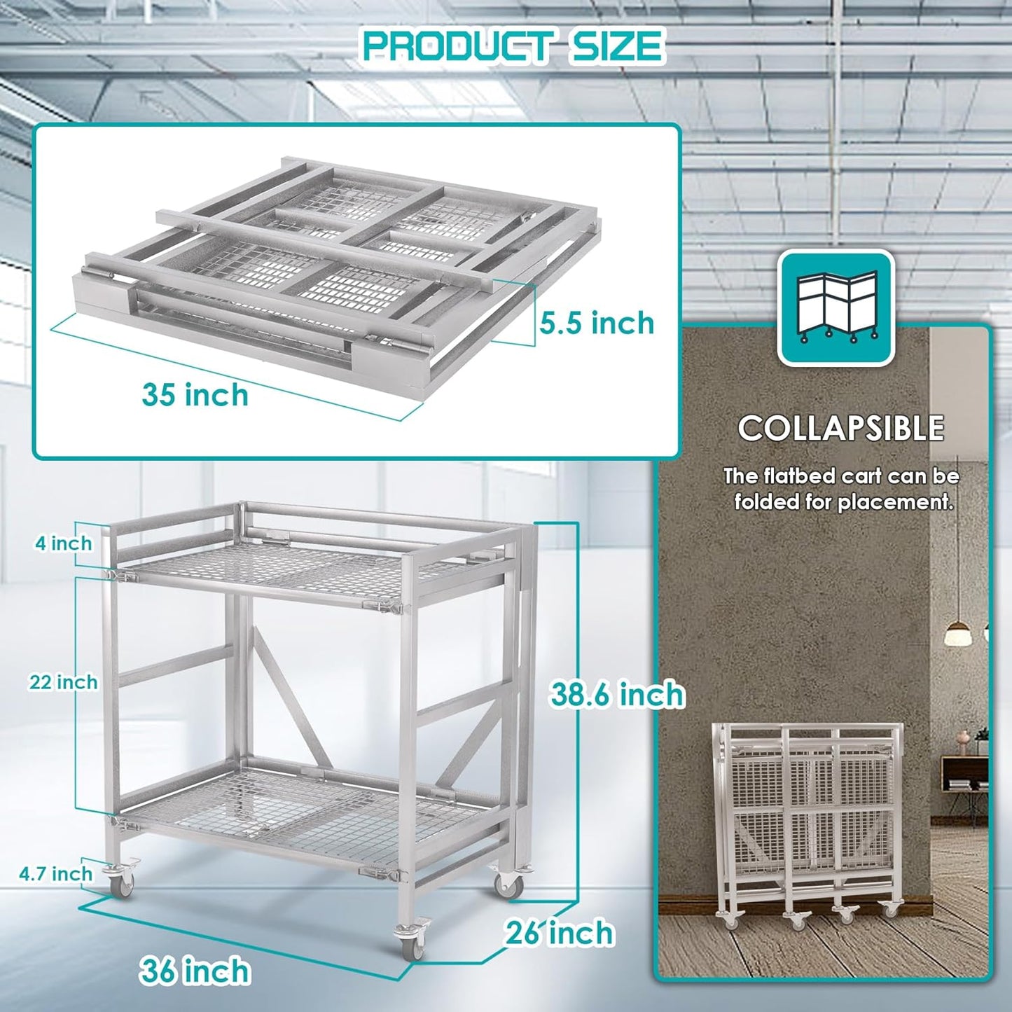 2 Shelf Rolling Cart with Wheels, 660lbs Capacity Collapsible Steel Rolling Utility Cart, Heavy-Duty Foldable Hand Truck, Metal Storage Carts with Handle for Groceries, Warehouse (36" Lx26 W)