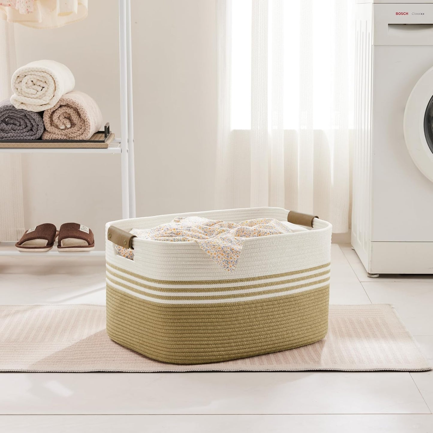 60L Large Laundry Basket with Leather Handles for Living Room Storage, Woven Rope BasketsBin for Blanket, Kids Toy, Gifts, Wicker Hamper for Bedroom Dirty Clothes, 21"x15"x11" Khaki