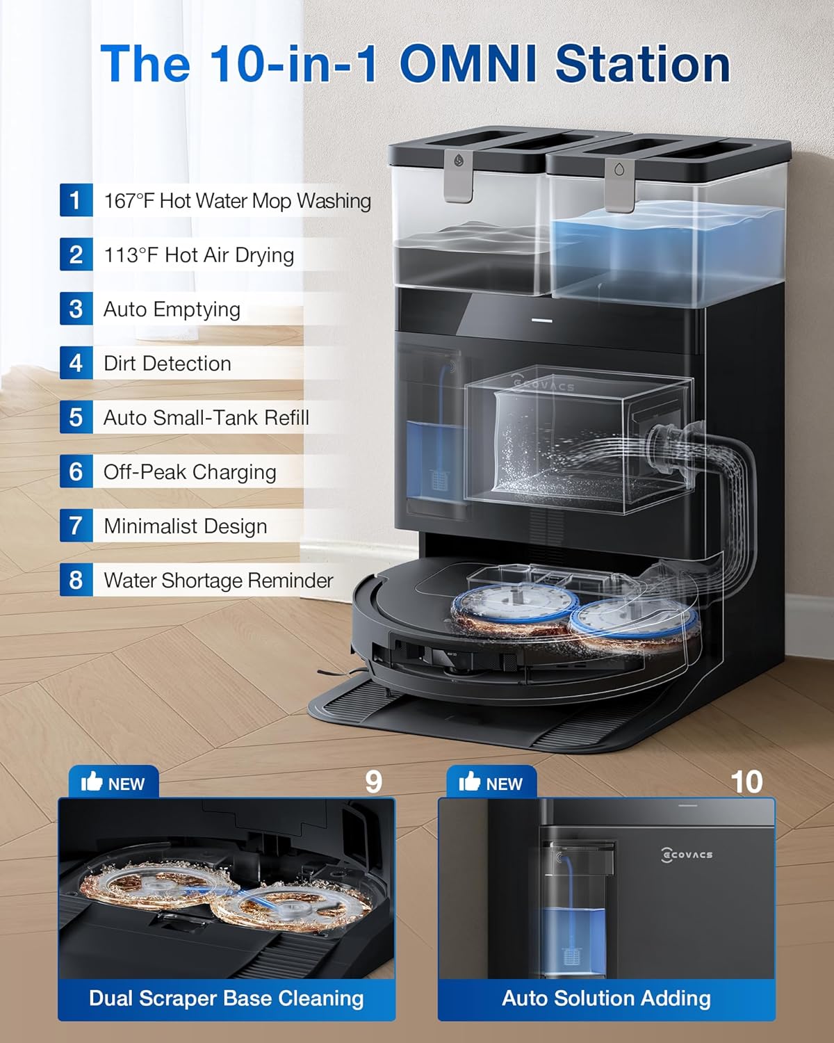 ECOVACS DEEBOT T50 PRO Omni Robot Vacuum and Mop, 3.19” Ultra-Slim, 15,000Pa Suction, ZeroTangle 2.0, TruEdge 2.0, AIVI 3D Obstacle Avoidance, Auto Mop Wash & Dry, Self-Emptying, Ideal for Pet Hair