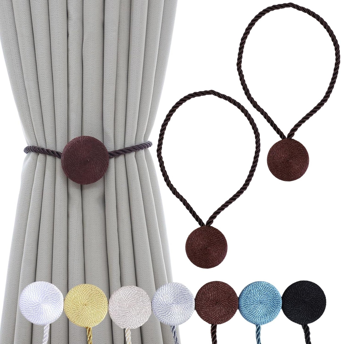 Magnetic Curtain Tiebacks - 12mm Magnetic Tie Backs for Curtains, Heavy Duty No Drill Curtain Holdbacks for Home/Office Windows Drapes, Elegant Gift-Ready Design 7 Colors (2, Coffee)