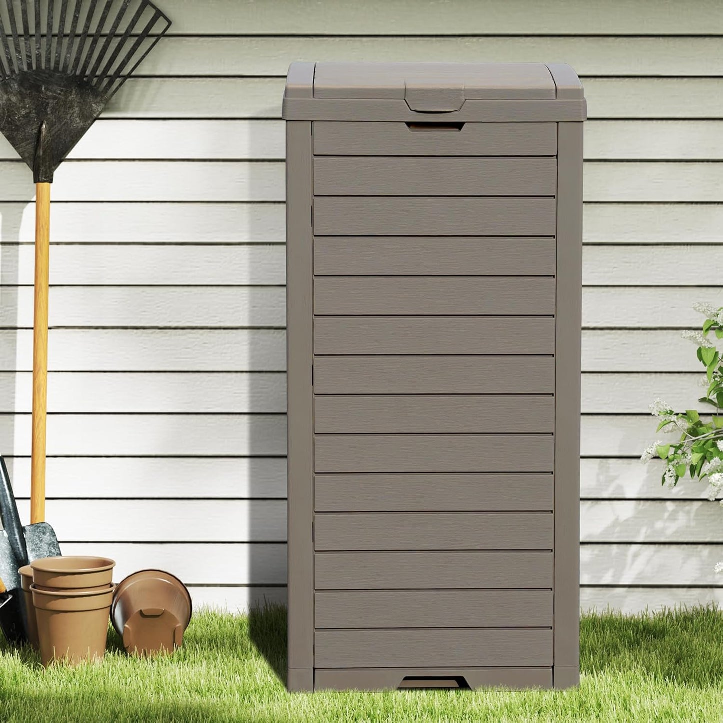 DWVO 38 Gallon Large Outdoor Trash Can, Waterproof Resin Hideaway Garbage Bin with Lid and Drip Tray, Outside Trash Bin for Porch, Backyard, Deck, Patio, Poolside, Easy to Clean, Taupe