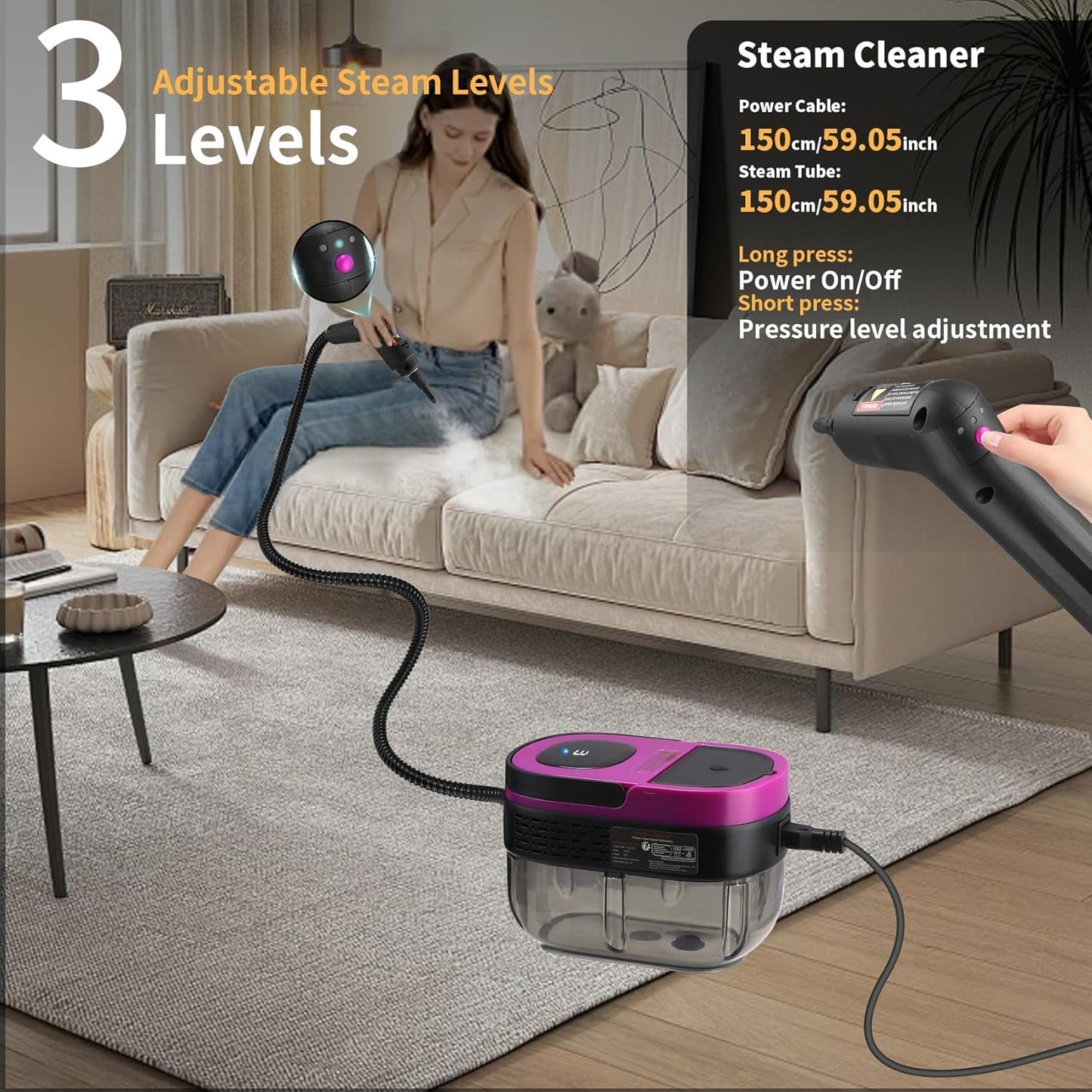 Steam Cleaner, 3-Level Adjustable Handle, 15s Heat-Up, 1.69 Quarts Tank, Portable Steamer for Cleaning with 10 Accessories, Steam Cleaner for Home for Dirt (Purple)
