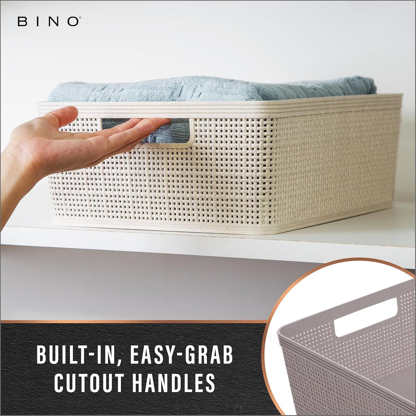 BINO - Woven Plastic Basket, Medium (Natural), 4-Pack, The Jute Collection, Home Organization, Space-Saving Storage, Stylish Design, Jute Basket