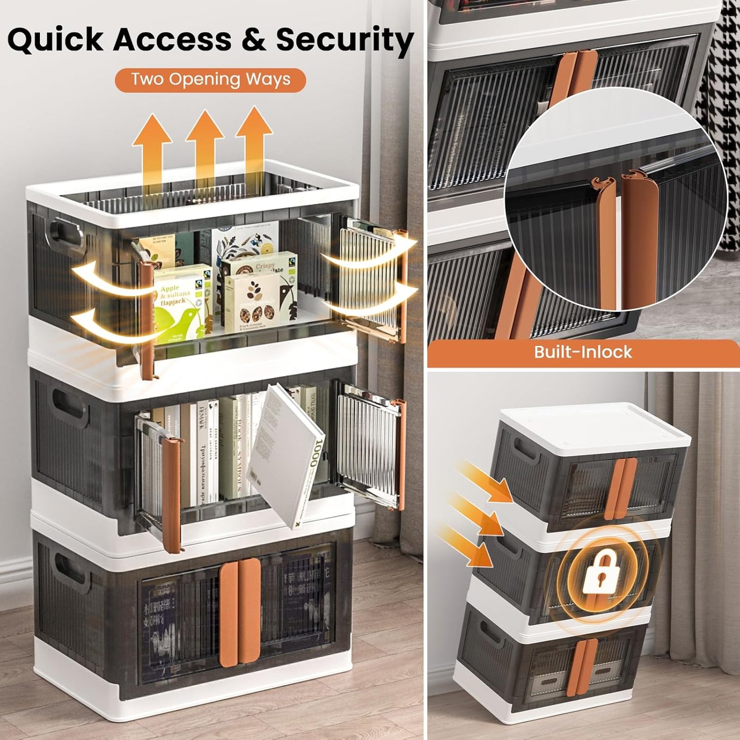 8.4Gal Collapsible Storage Bins with Lids & Wheels - 2 Pack Stackable with Doors, Heavy-Duty Plastic Containers for Home/Office, White