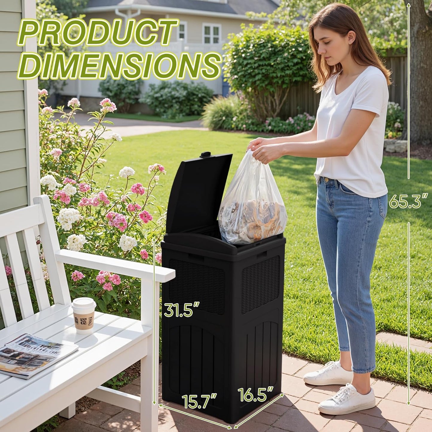 Greesum 33 Gallon Outdoor Trash Can with Lid, Waterproof Resin Garbage Bin for Hideaway, Deck, Patio, Black