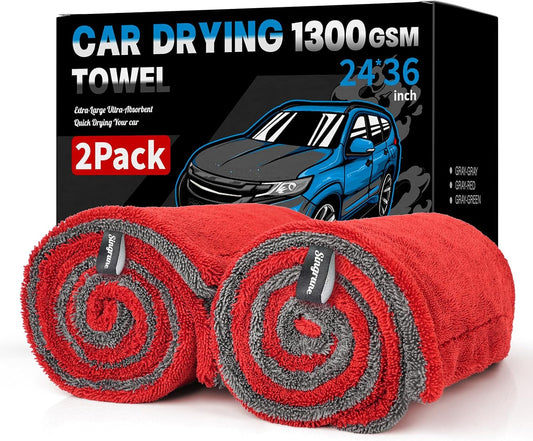 2 Pack XL Car Drying Towel – 1300GSM Ultra Absorbent Microfiber, 24"x36" Large Size, Twisted Loop, Lint-Free & Streak-Free for Auto Detailing, Car, SUV, Truck(Gray-RED)