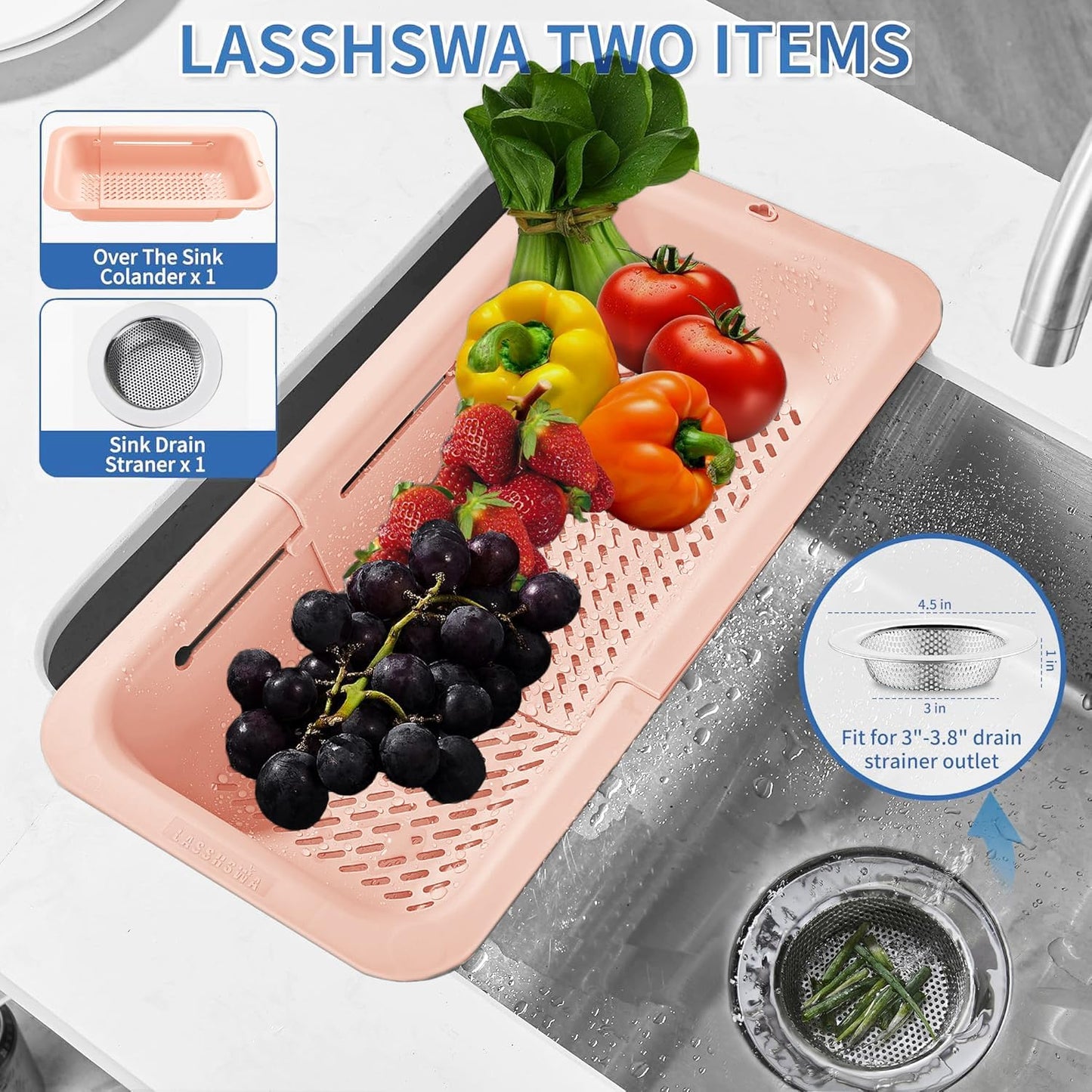 LASSHSWA Collapsible Colander and Strainer for Kitchen, Over the Sink Strainer Basket for Kitchen, Fruit Pasta Food Strainer Expandable Plastic Colander with A Sink Drain Strainer Stainless Steel
