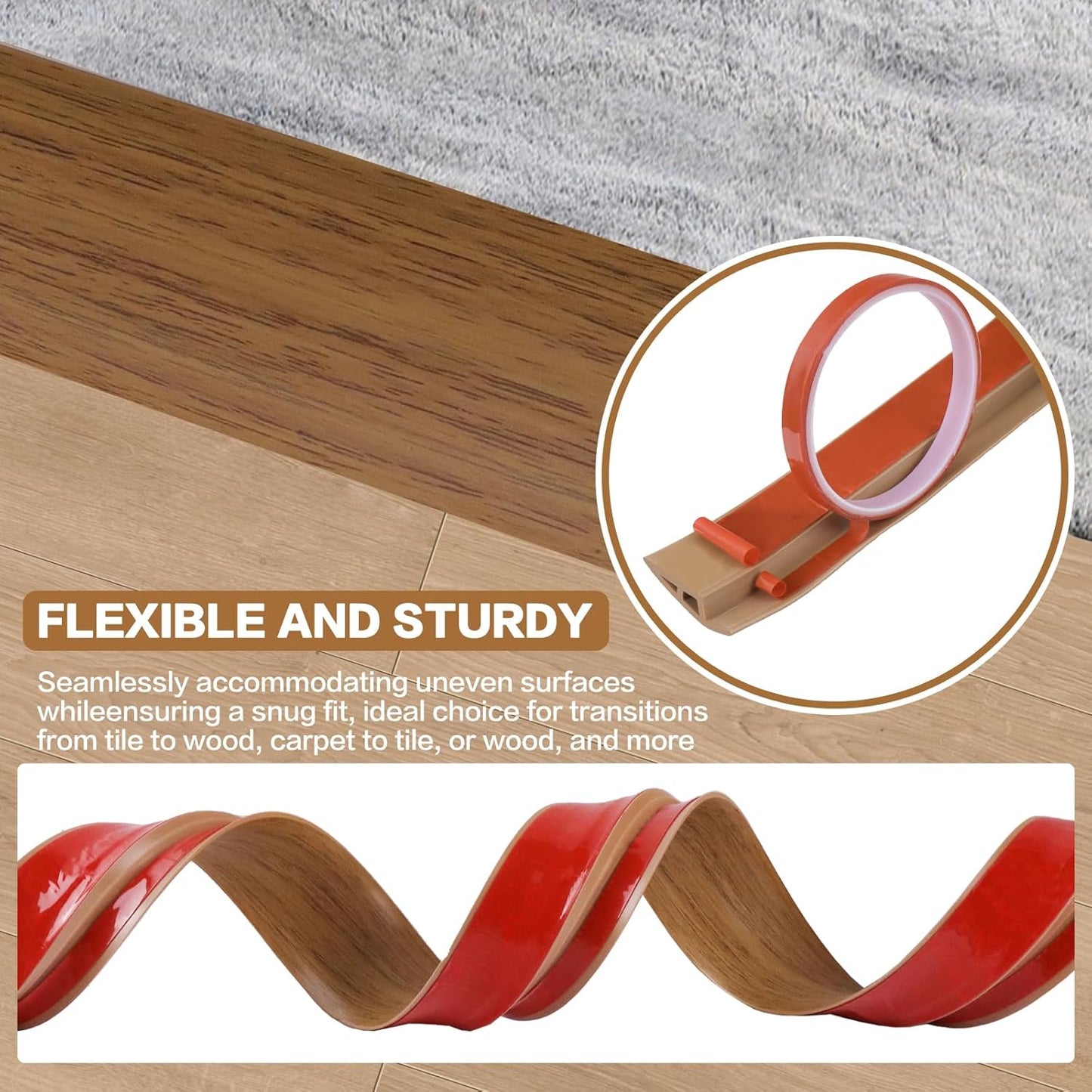 Floor Transition Strip Vinyl Door Threshold Ramp Self Adhesive Carpet Edging Strip Doorway Edge Trim, Overlap Edge Reducer for Laminate Carpet, Floor, Tile (Orange Oak, 3/5" to 4/5", 3.3Ft)