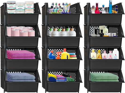 Skywin TidyFriend Stackable Storage Bins for Pantry Organizers and Storage 12 Pack, Pantry Storage for Food, Kitchen and Home Organization (Black)