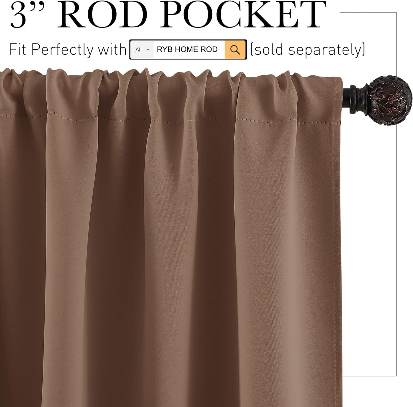 RYB HOME Small Curtains for Kitchen Window - Blackout Privacy Portable Curtain Set for Bedroom Office Bathroom Basement Garage Storage Enclosure RV Bunk, W 34 x L 30 inch, Mocha, 2 Pcs