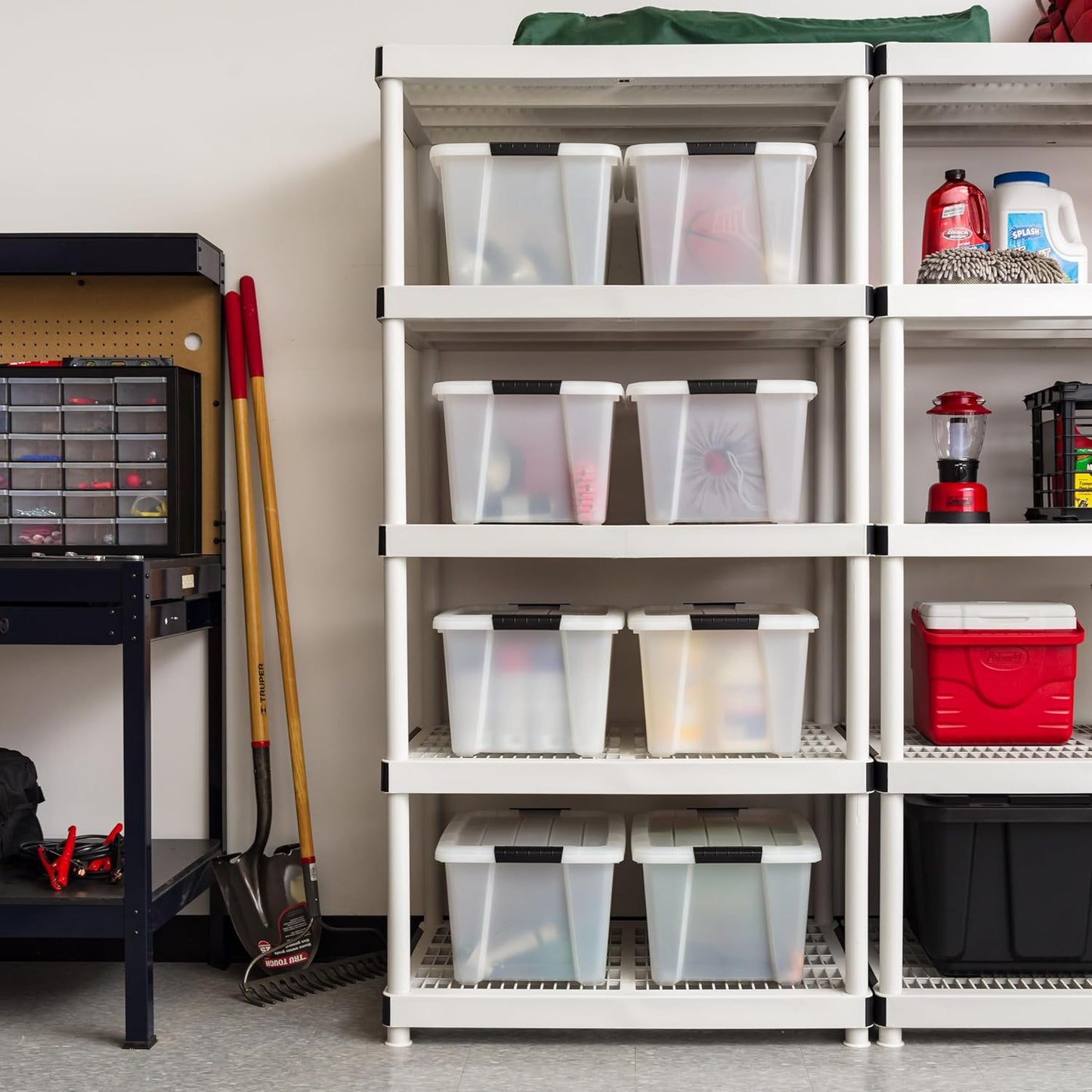 IRIS USA 33 Qt Stackable Plastic Storage Bins with Lids, 8 Pack - BPA-Free, Made in USA - Discreet Organizing Solution, Latches, Durable Nestable Containers, Secure Pull Handle - Pearl