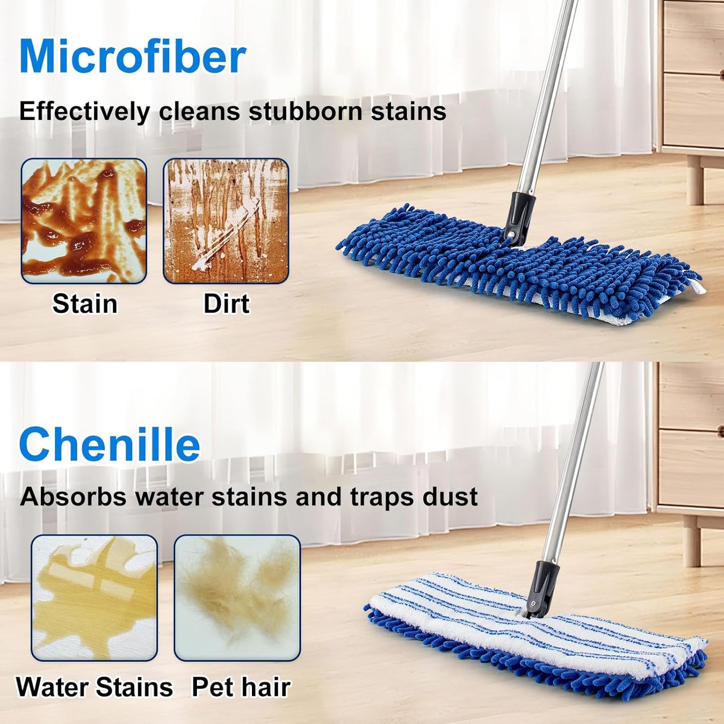 Microfiber Dust Mop for Hardwood Floors, Flat Mops for Floor Cleaning, Double-Sided Flip Mops with 58''Stainless Steel Mop Handle and Extra 3 Reusable Microfiber Mop Pads, Use Wet and Dry
