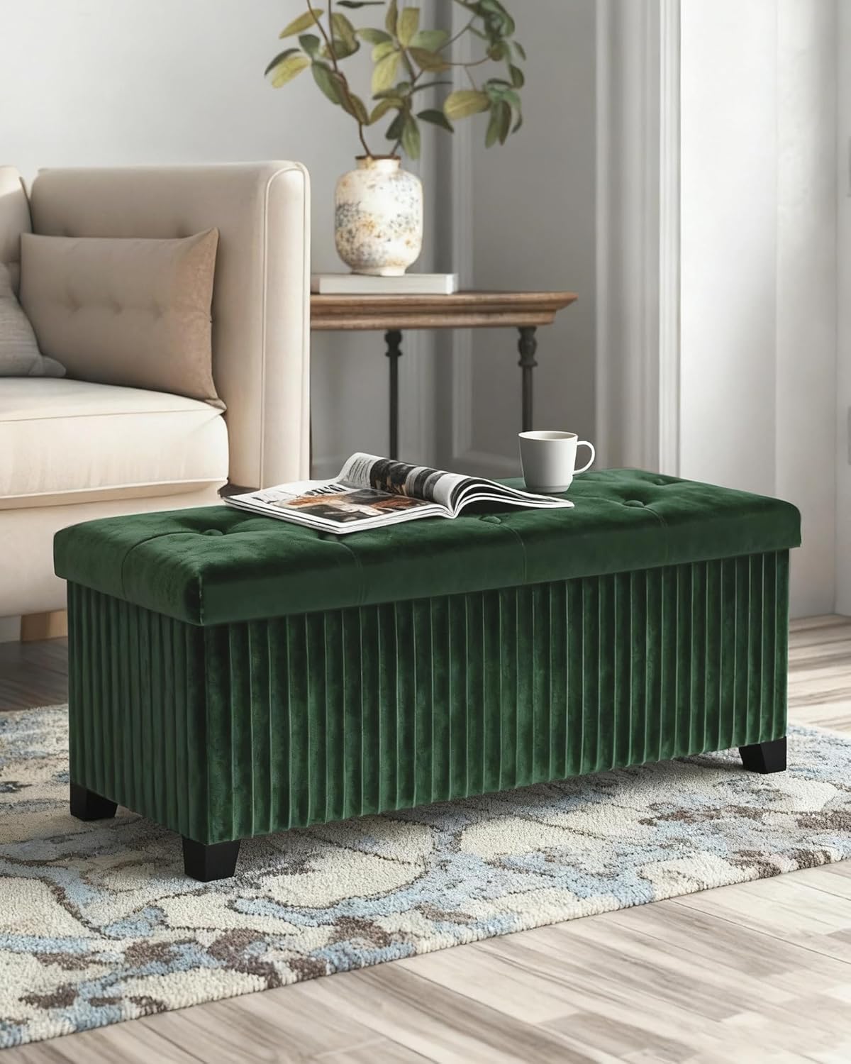 Storage Ottoman Bench, 43 Inch Foldable Ottoman with Legs, Velvet Foot Rest Stool, End of Bed Bench, Storage Chest for Living Room, Bedroom (Green)