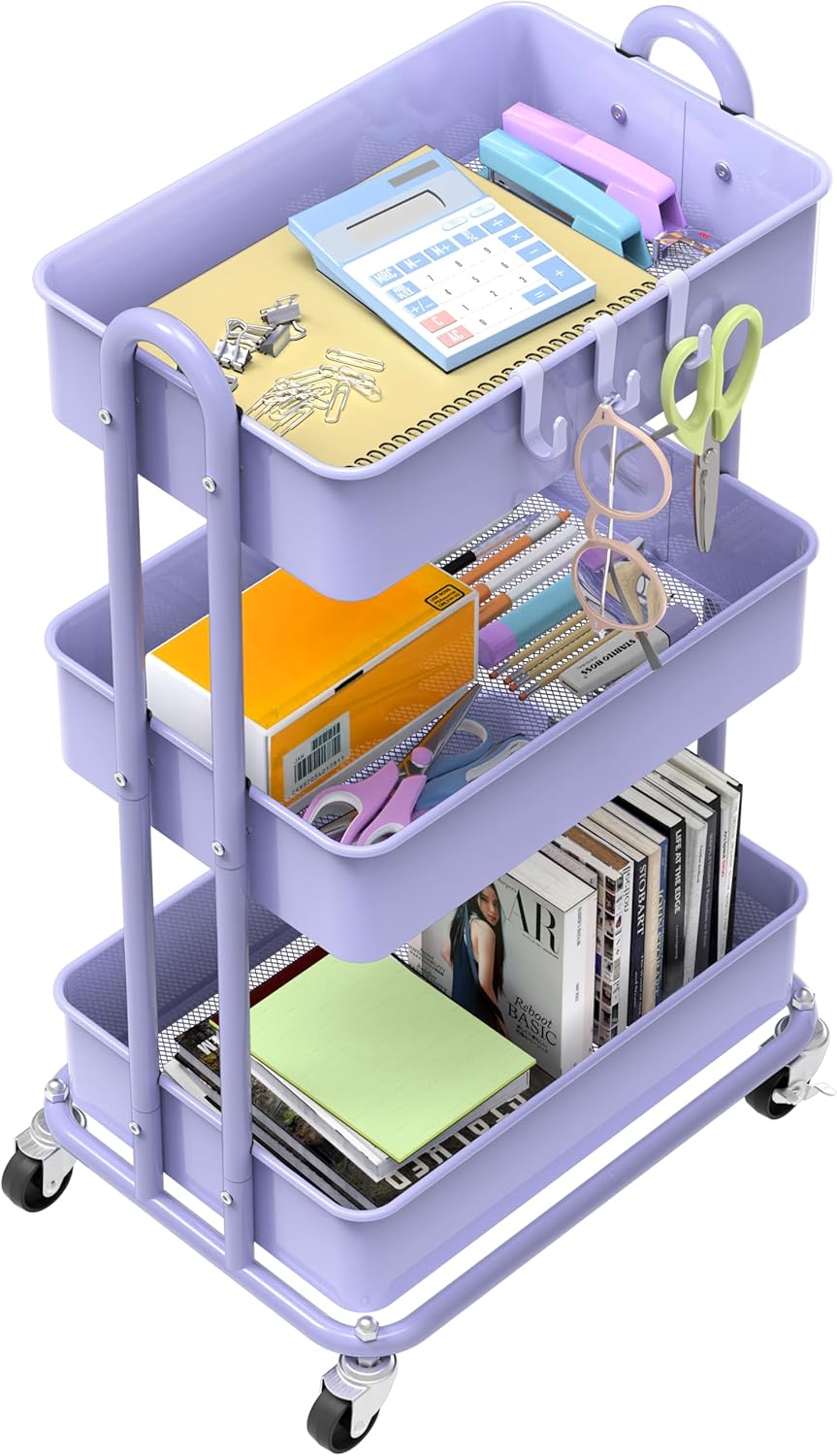Simple Houseware 3-Tier Heavy Duty Metal Utility Rolling Cart, Purple